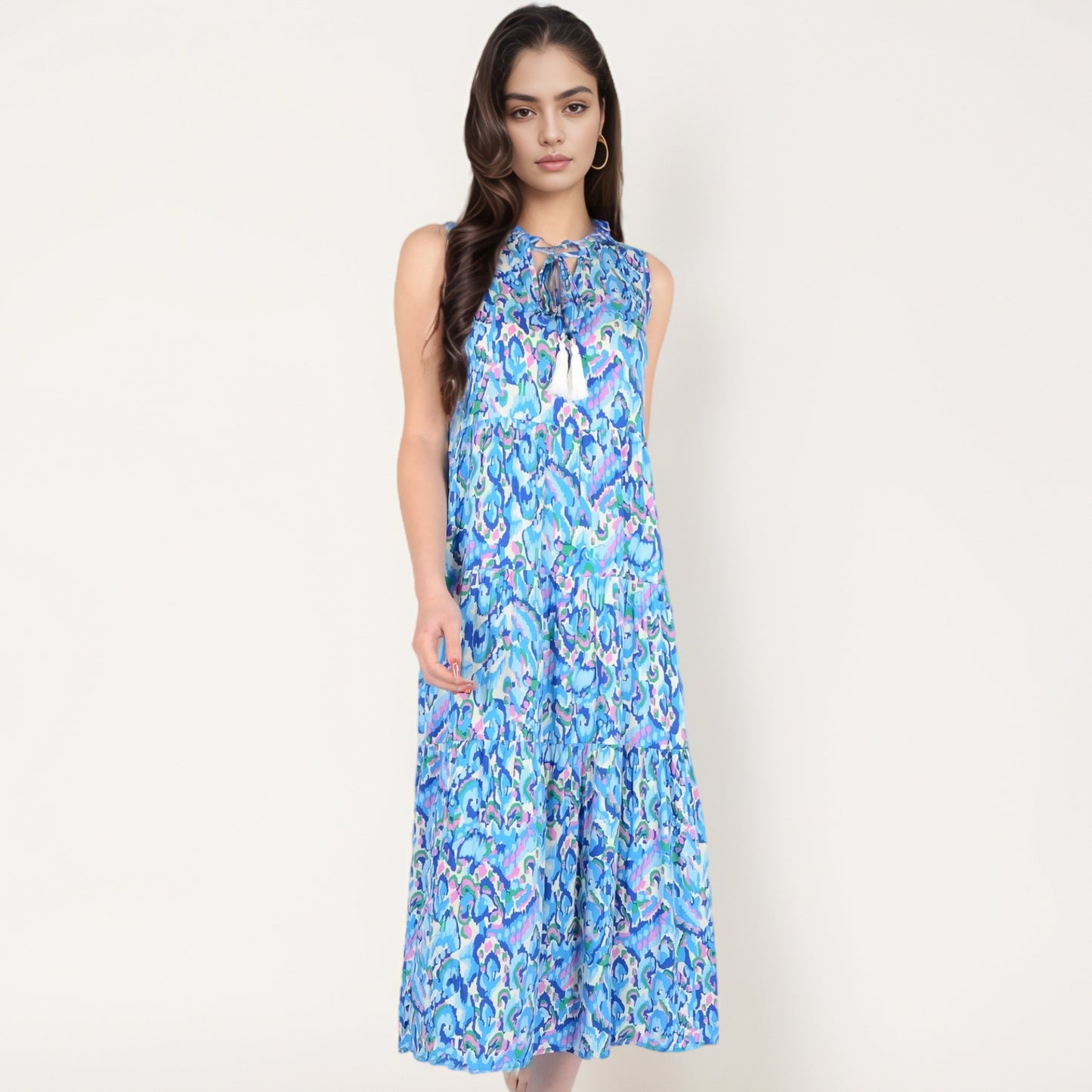 Anna-Kaci Women's Sleeveless Tiered Maxi Dress with Vibrant Abstract Print and Tassel Tie Detail