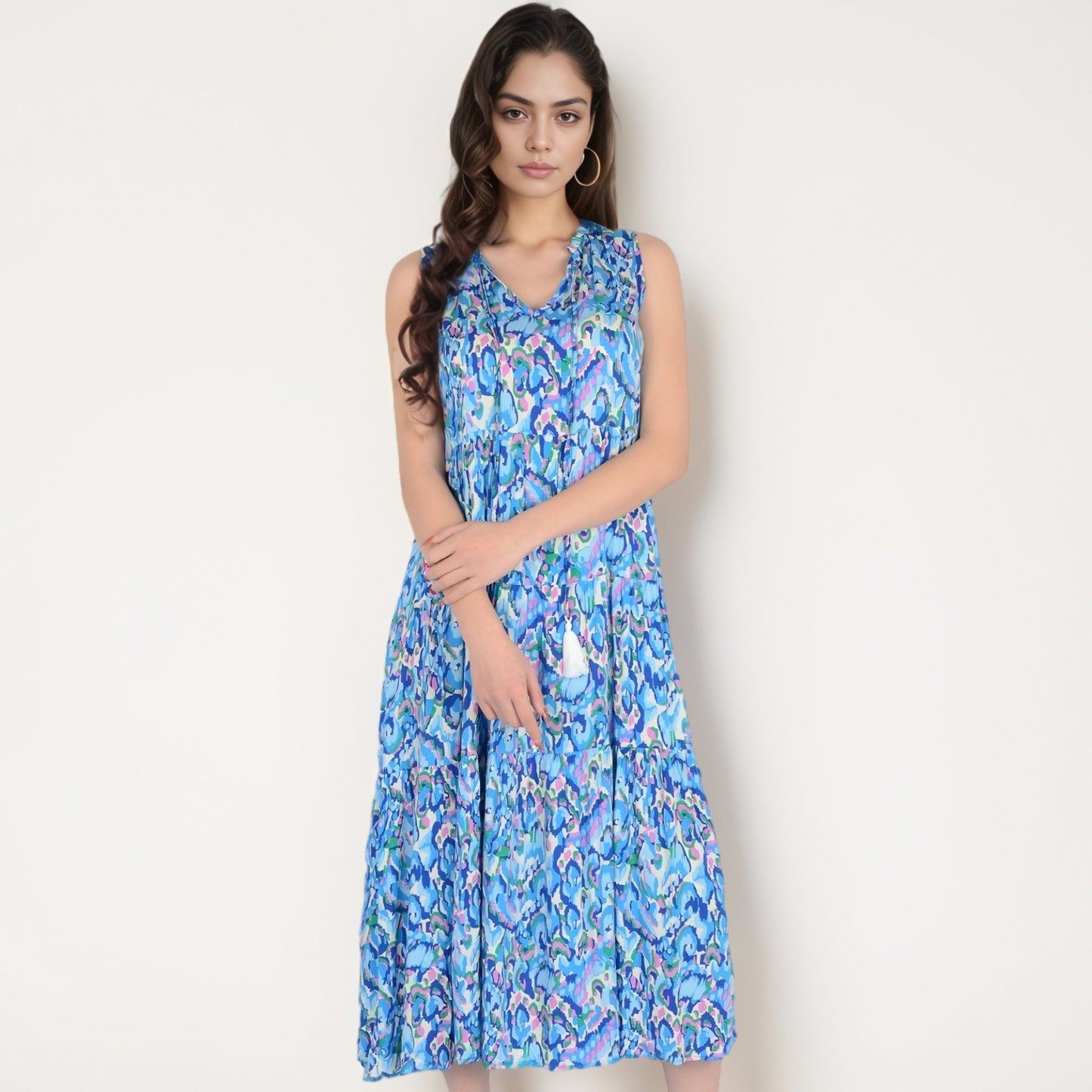 Anna-Kaci Women's Sleeveless Tiered Maxi Dress with Vibrant Abstract Print and Tassel Tie Detail