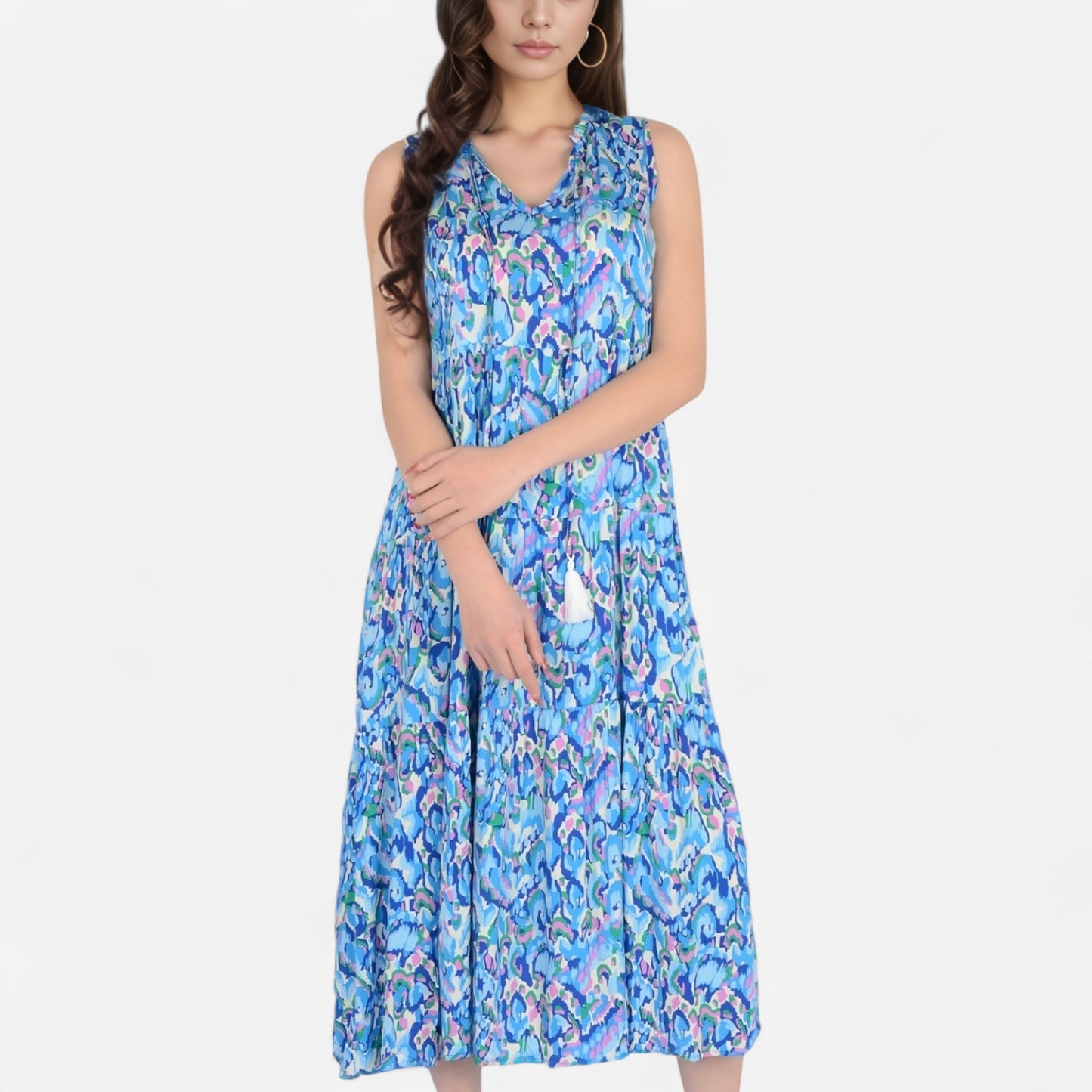 Anna-Kaci Women's Sleeveless Tiered Maxi Dress with Vibrant Abstract Print and Tassel Tie Detail