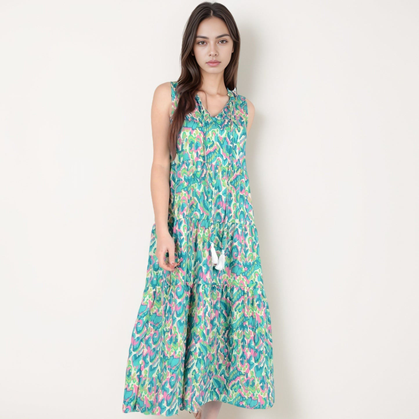 Anna-Kaci Women's Sleeveless Tiered Maxi Dress with Vibrant Abstract Print and Tassel Tie Detail