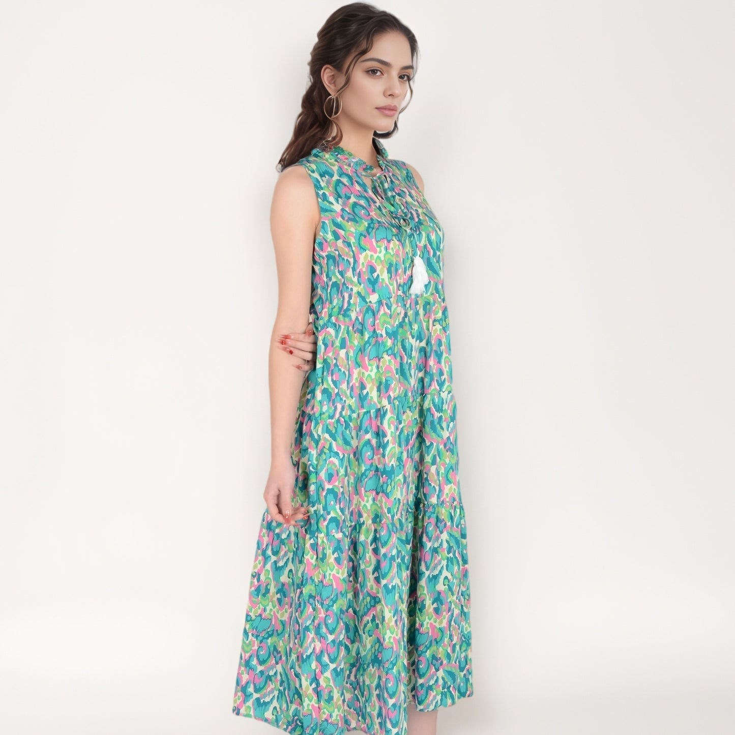Anna-Kaci Women's Sleeveless Tiered Maxi Dress with Vibrant Abstract Print and Tassel Tie Detail
