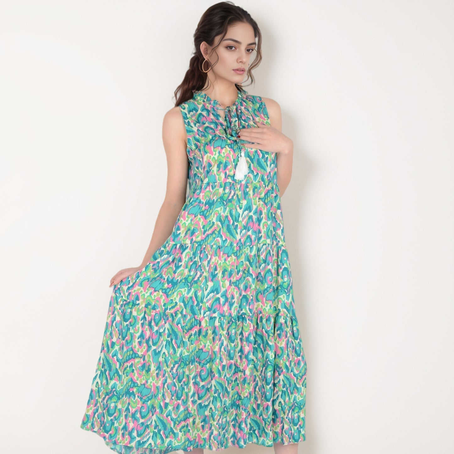 Anna-Kaci Women's Sleeveless Tiered Maxi Dress with Vibrant Abstract Print and Tassel Tie Detail