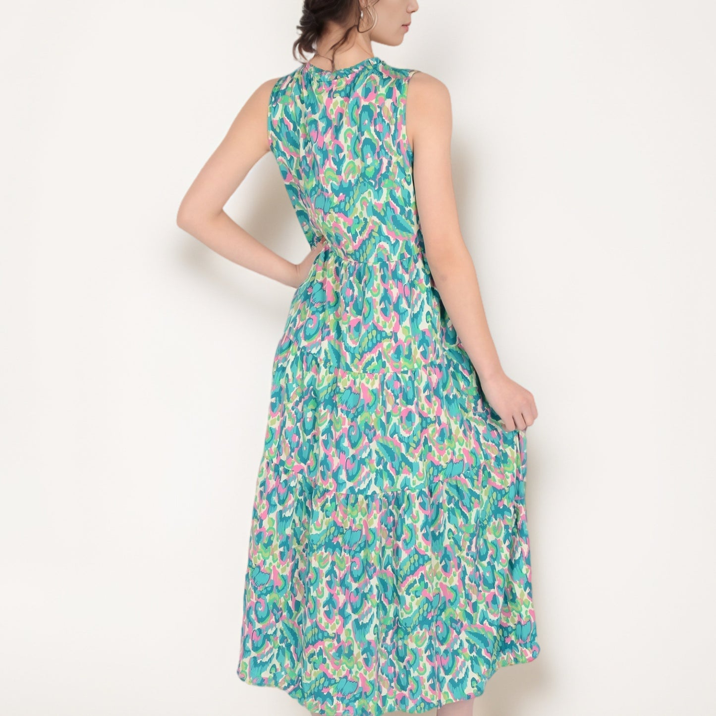 Anna-Kaci Women's Sleeveless Tiered Maxi Dress with Vibrant Abstract Print and Tassel Tie Detail