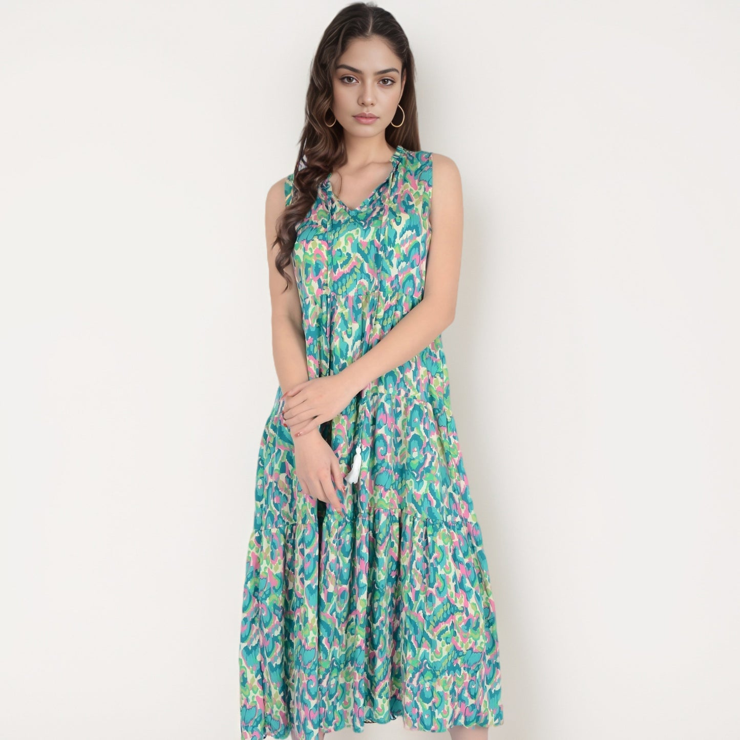 Anna-Kaci Women's Sleeveless Tiered Maxi Dress with Vibrant Abstract Print and Tassel Tie Detail
