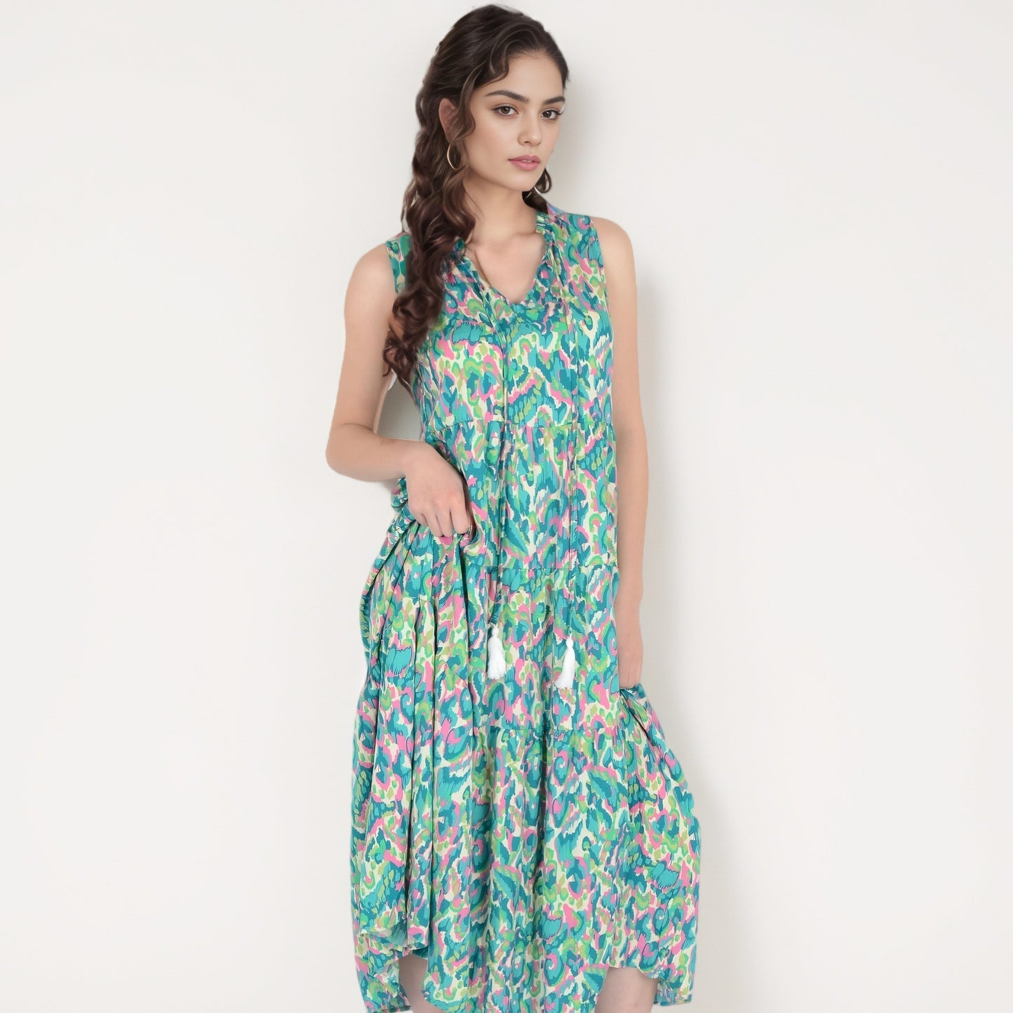 Anna-Kaci Women's Sleeveless Tiered Maxi Dress with Vibrant Abstract Print and Tassel Tie Detail
