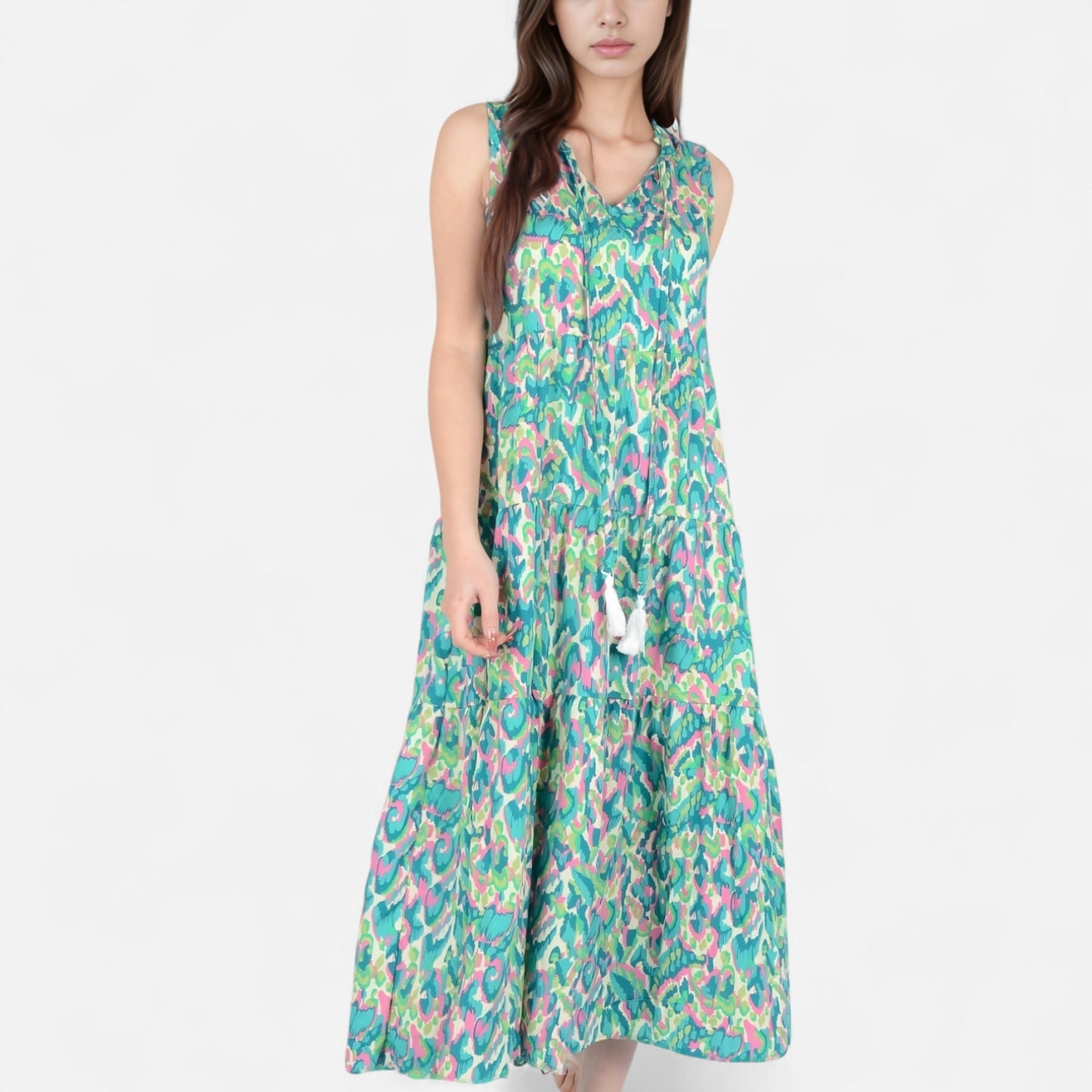 Anna-Kaci Women's Sleeveless Tiered Maxi Dress with Vibrant Abstract Print and Tassel Tie Detail