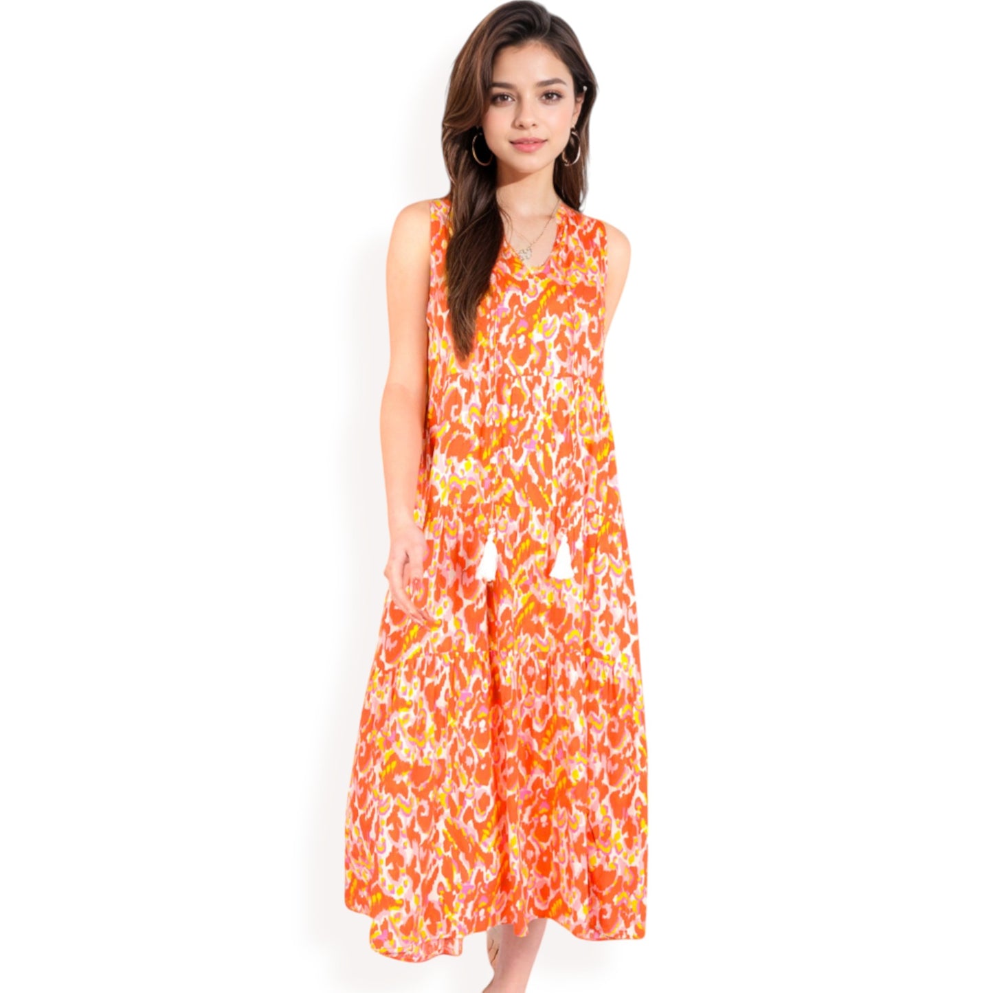 Anna-Kaci Women's Sleeveless Tiered Maxi Dress with Vibrant Abstract Print and Tassel Tie Detail