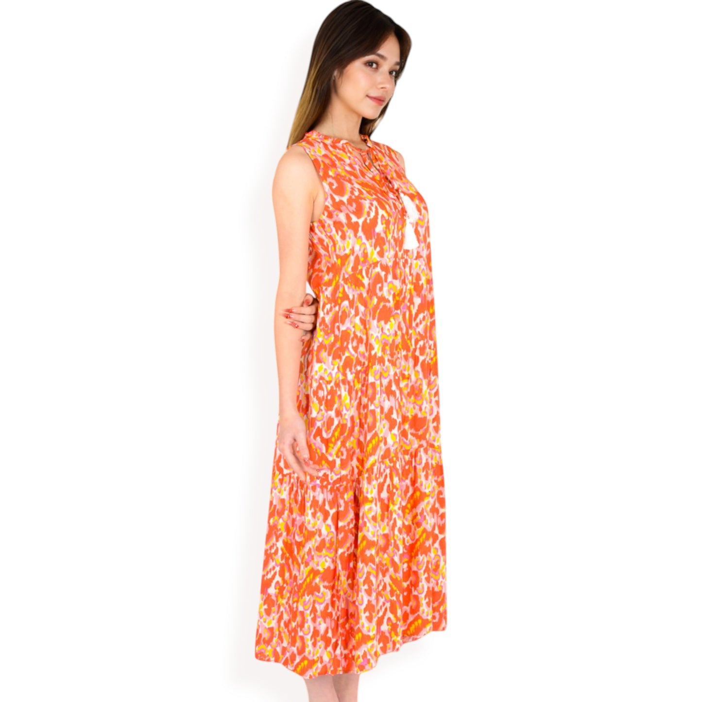 Anna-Kaci Women's Sleeveless Tiered Maxi Dress with Vibrant Abstract Print and Tassel Tie Detail