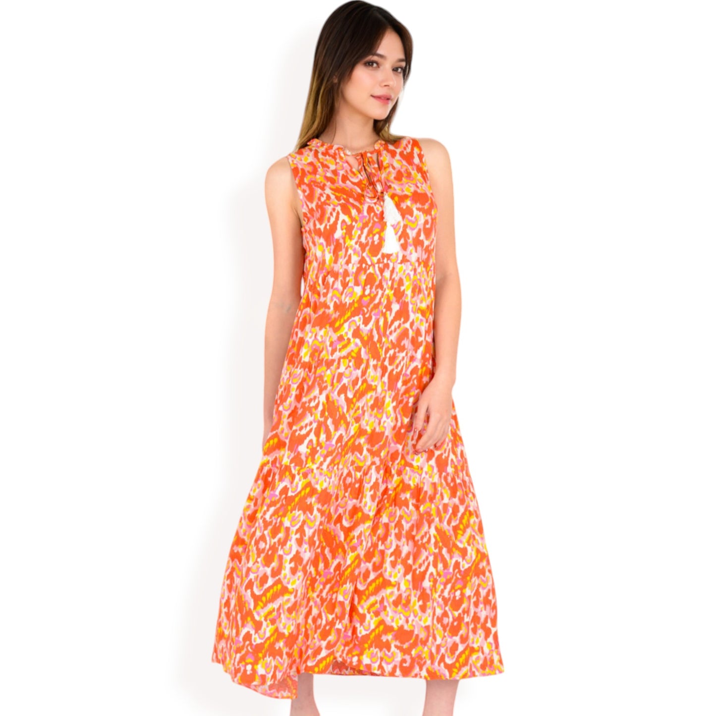Anna-Kaci Women's Sleeveless Tiered Maxi Dress with Vibrant Abstract Print and Tassel Tie Detail