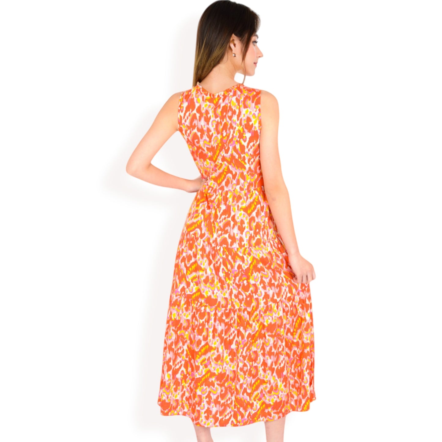 Anna-Kaci Women's Sleeveless Tiered Maxi Dress with Vibrant Abstract Print and Tassel Tie Detail