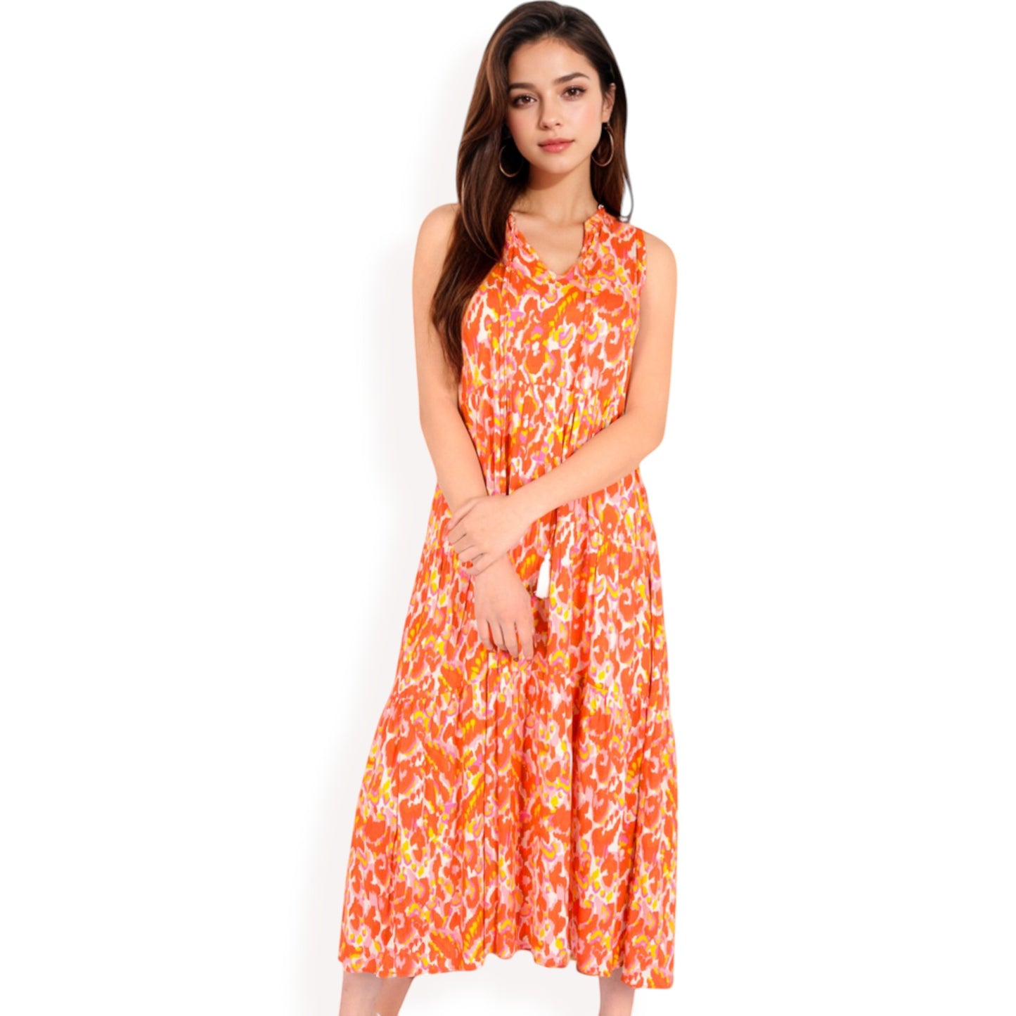 Anna-Kaci Women's Sleeveless Tiered Maxi Dress with Vibrant Abstract Print and Tassel Tie Detail