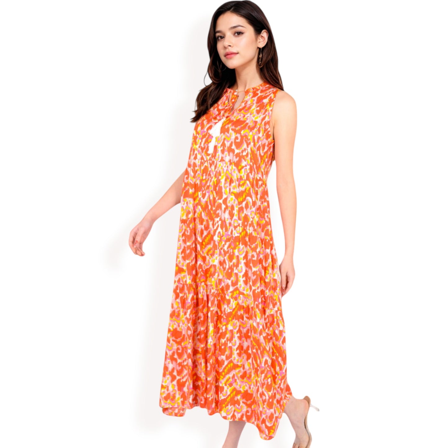 Anna-Kaci Women's Sleeveless Tiered Maxi Dress with Vibrant Abstract Print and Tassel Tie Detail