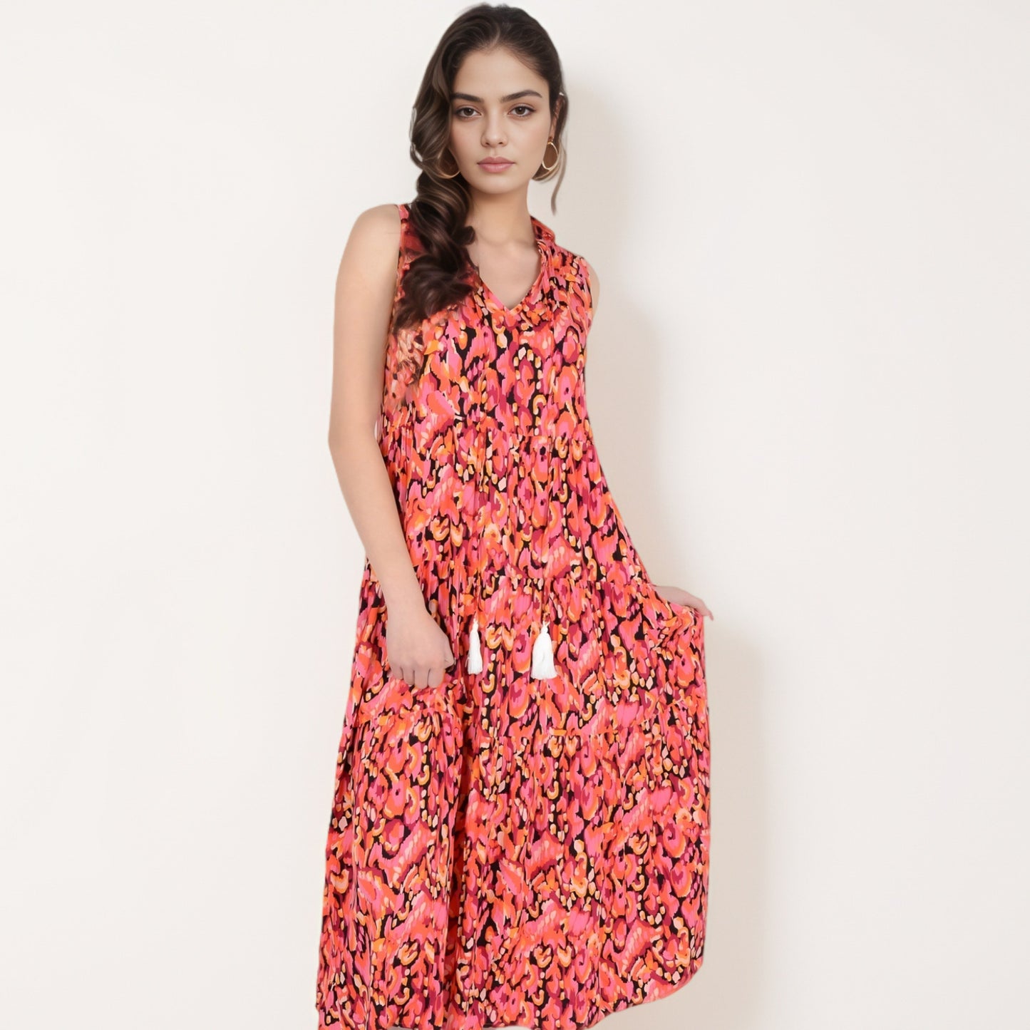 Anna-Kaci Women's Sleeveless Tiered Maxi Dress with Vibrant Abstract Print and Tassel Tie Detail