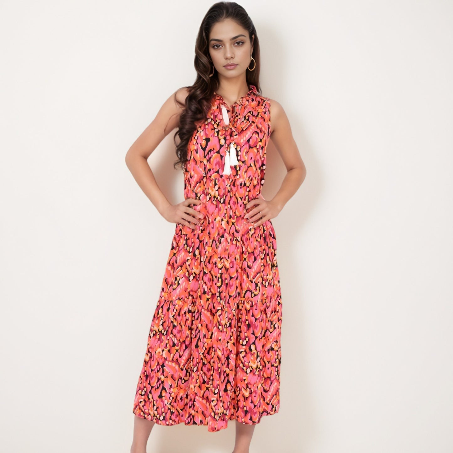 Anna-Kaci Women's Sleeveless Tiered Maxi Dress with Vibrant Abstract Print and Tassel Tie Detail