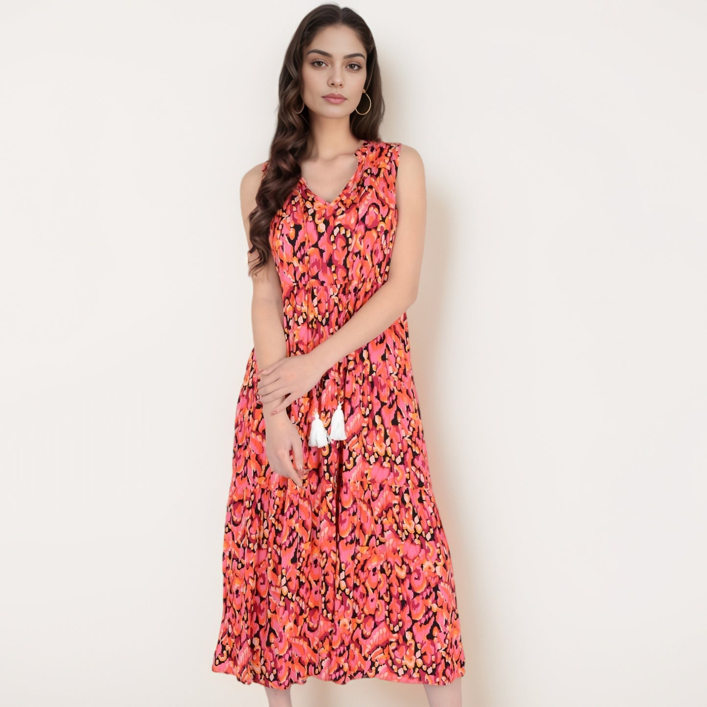 Anna-Kaci Women's Sleeveless Tiered Maxi Dress with Vibrant Abstract Print and Tassel Tie Detail