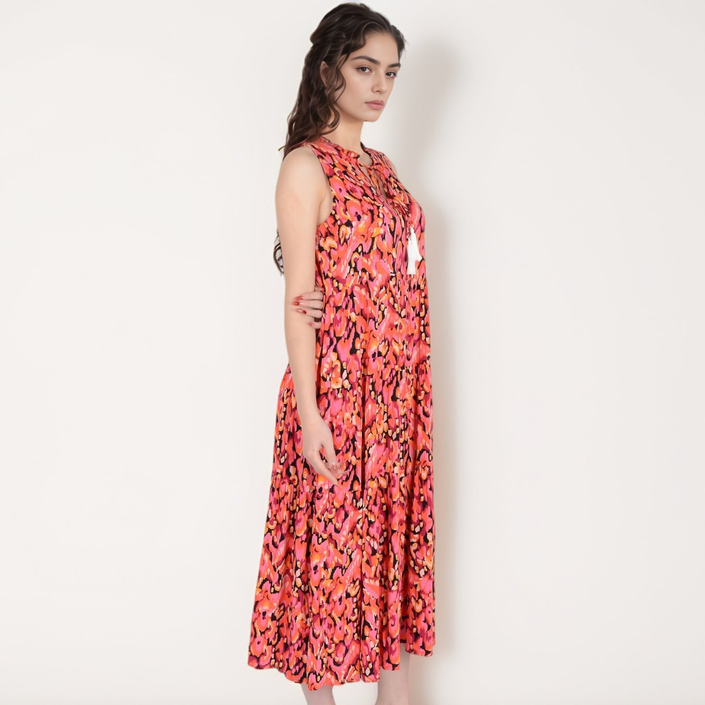 Anna-Kaci Women's Sleeveless Tiered Maxi Dress with Vibrant Abstract Print and Tassel Tie Detail