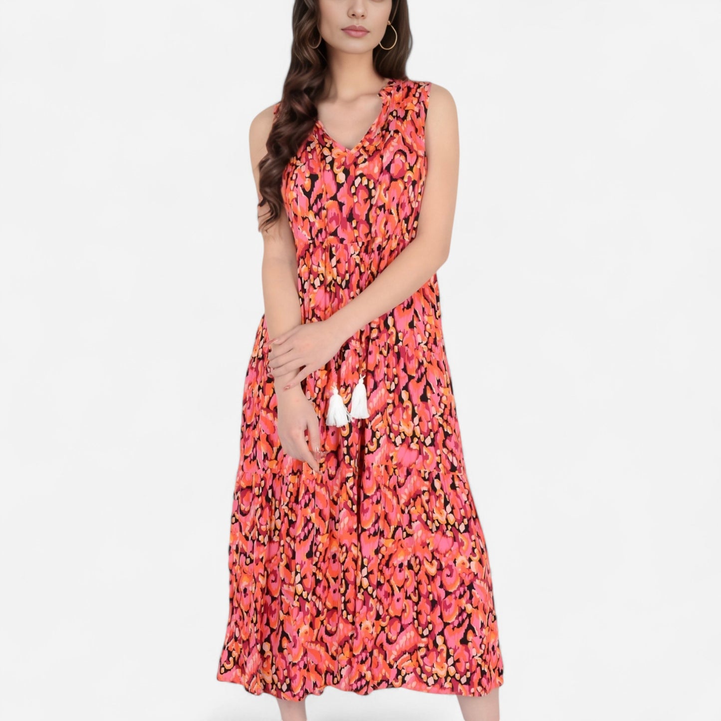 Anna-Kaci Women's Sleeveless Tiered Maxi Dress with Vibrant Abstract Print and Tassel Tie Detail