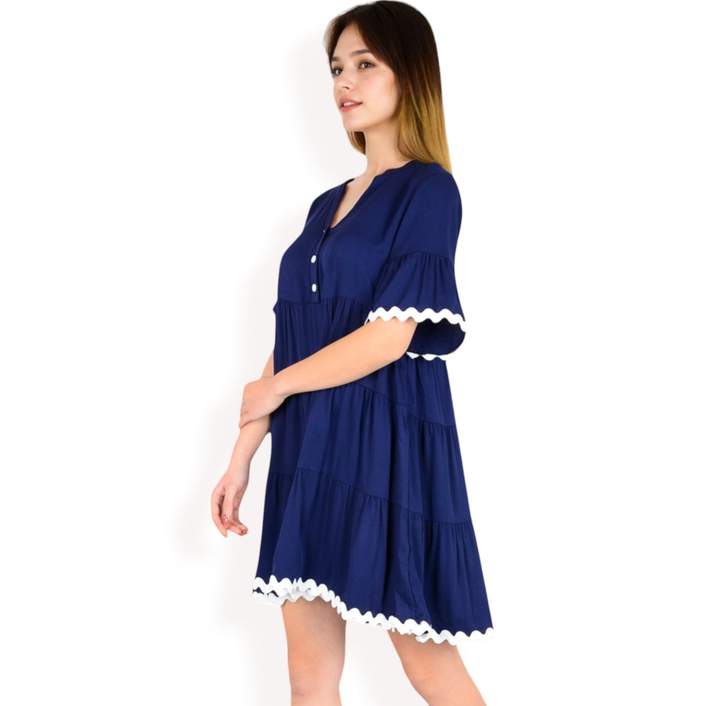Anna-Kaci Women's Tiered Mini Dress with Button Front Flutter Sleeves Contrast Trim Details