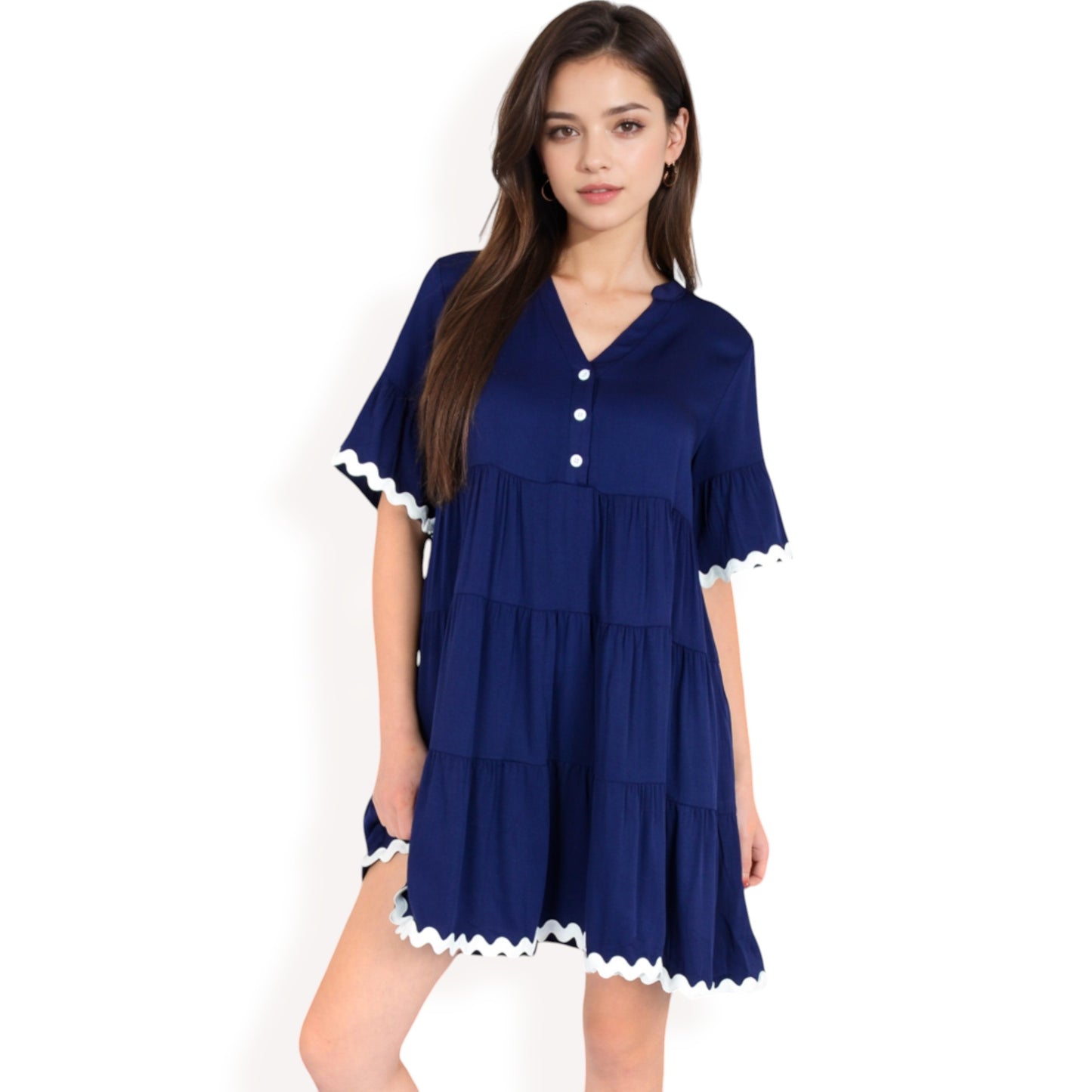 Anna-Kaci Women's Tiered Mini Dress with Button Front Flutter Sleeves Contrast Trim Details
