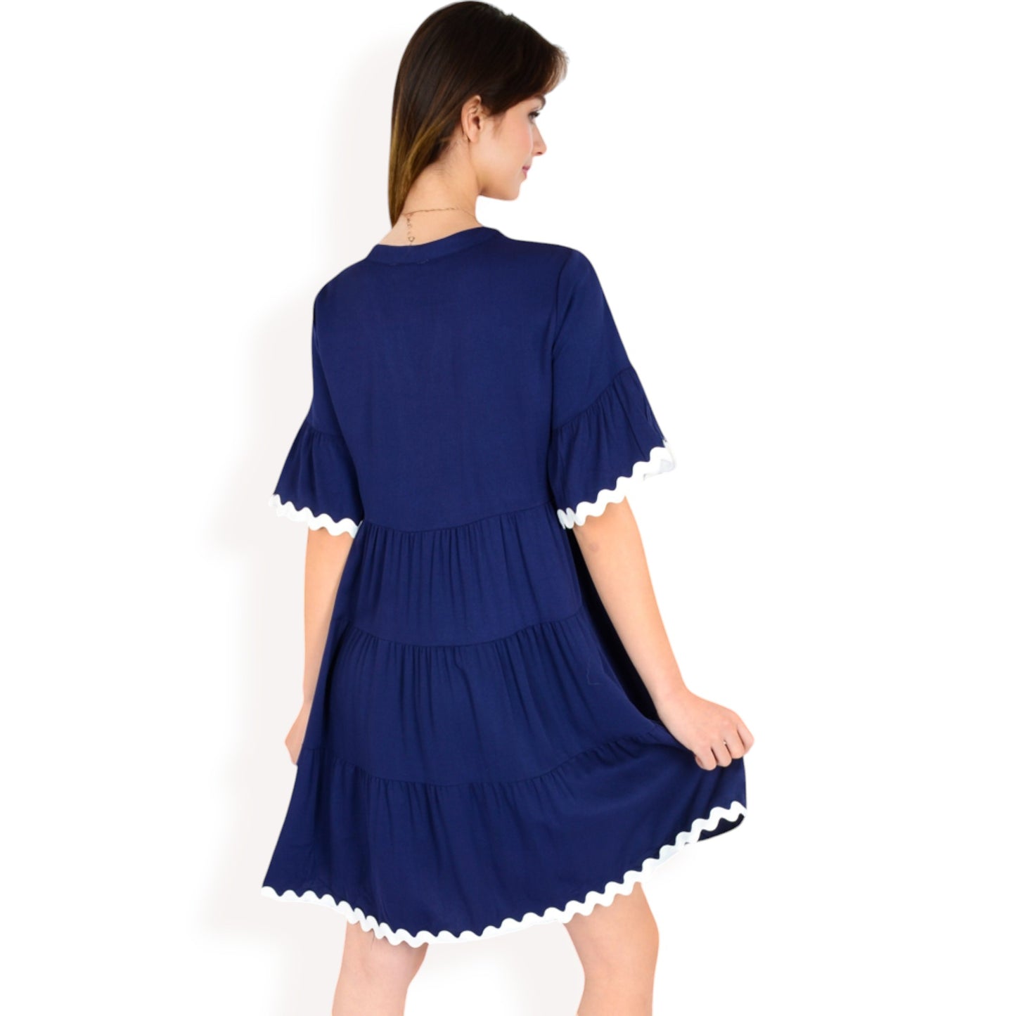 Anna-Kaci Women's Tiered Mini Dress with Button Front Flutter Sleeves Contrast Trim Details