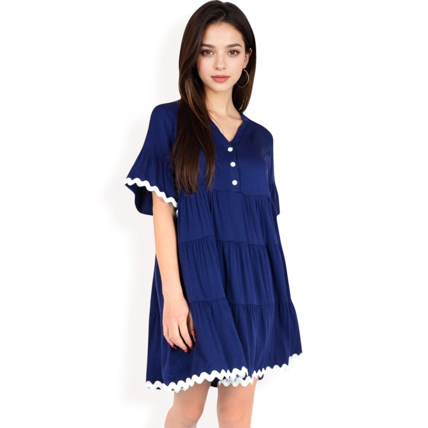 Anna-Kaci Women's Tiered Mini Dress with Button Front Flutter Sleeves Contrast Trim Details
