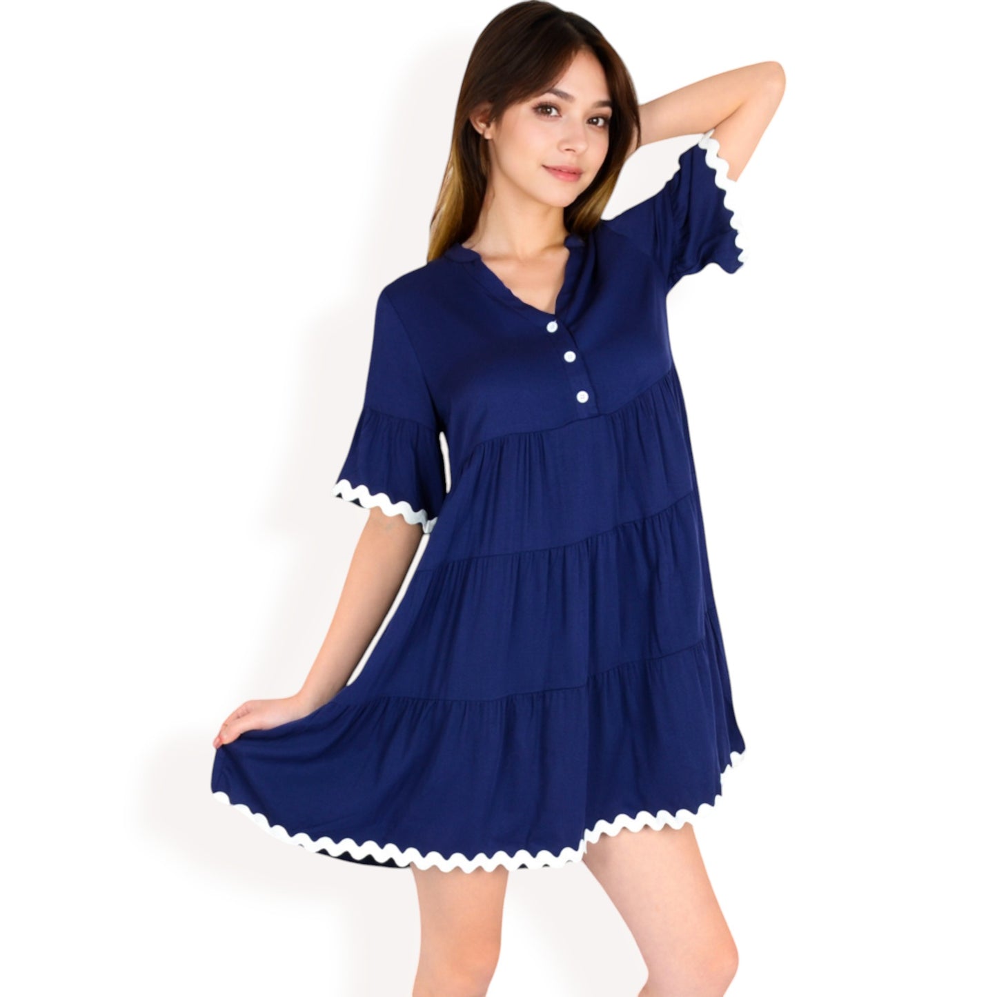 Anna-Kaci Women's Tiered Mini Dress with Button Front Flutter Sleeves Contrast Trim Details
