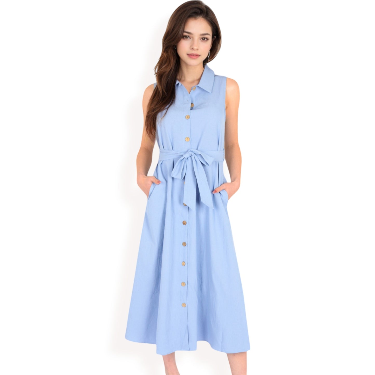 Anna-Kaci Women's Sleeveless Button-Down Midi Dress with Waist Tie and Collared Neckline