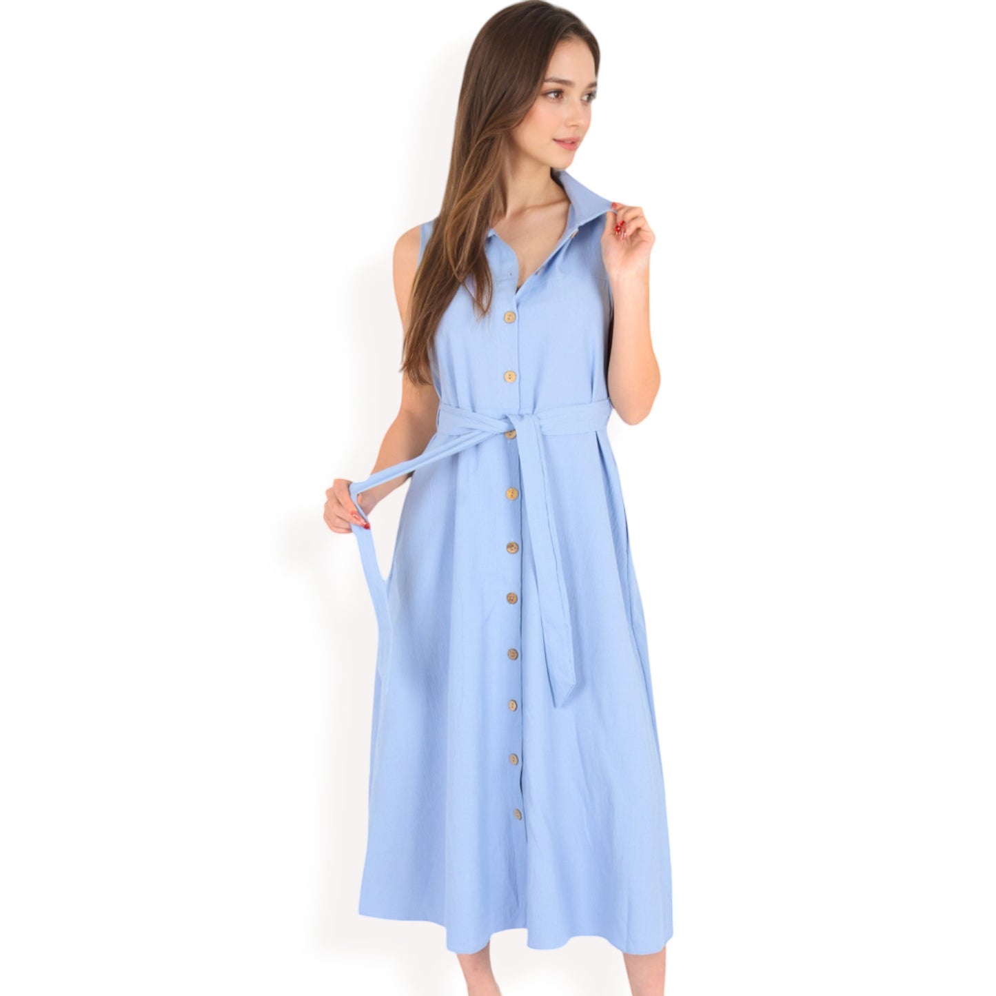 Anna-Kaci Women's Sleeveless Button-Down Midi Dress with Waist Tie and Collared Neckline