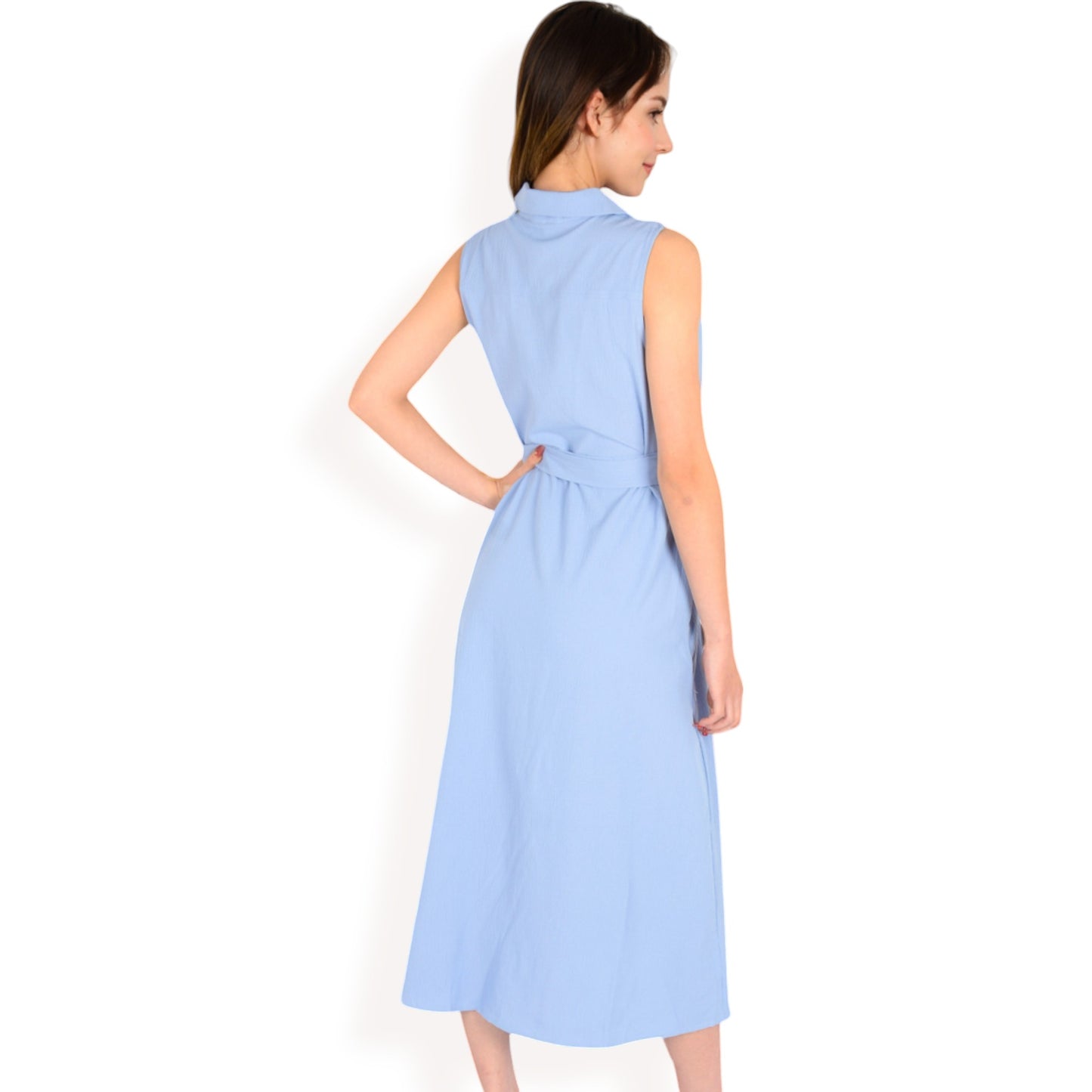 Anna-Kaci Women's Sleeveless Button-Down Midi Dress with Waist Tie and Collared Neckline