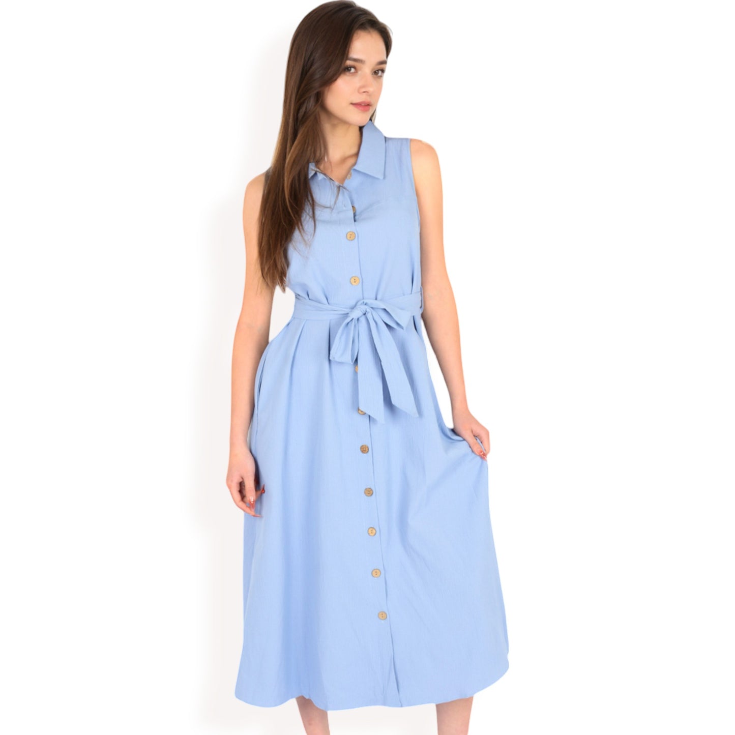 Anna-Kaci Women's Sleeveless Button-Down Midi Dress with Waist Tie and Collared Neckline