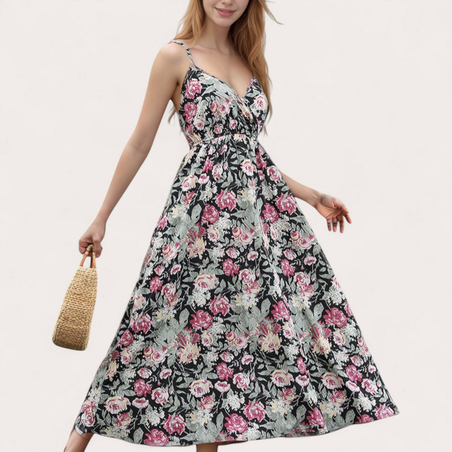 Anna-Kaci Women's Sleeveless Floral Print Maxi Dress with Adjustable Spaghetti Straps and V-Neckline