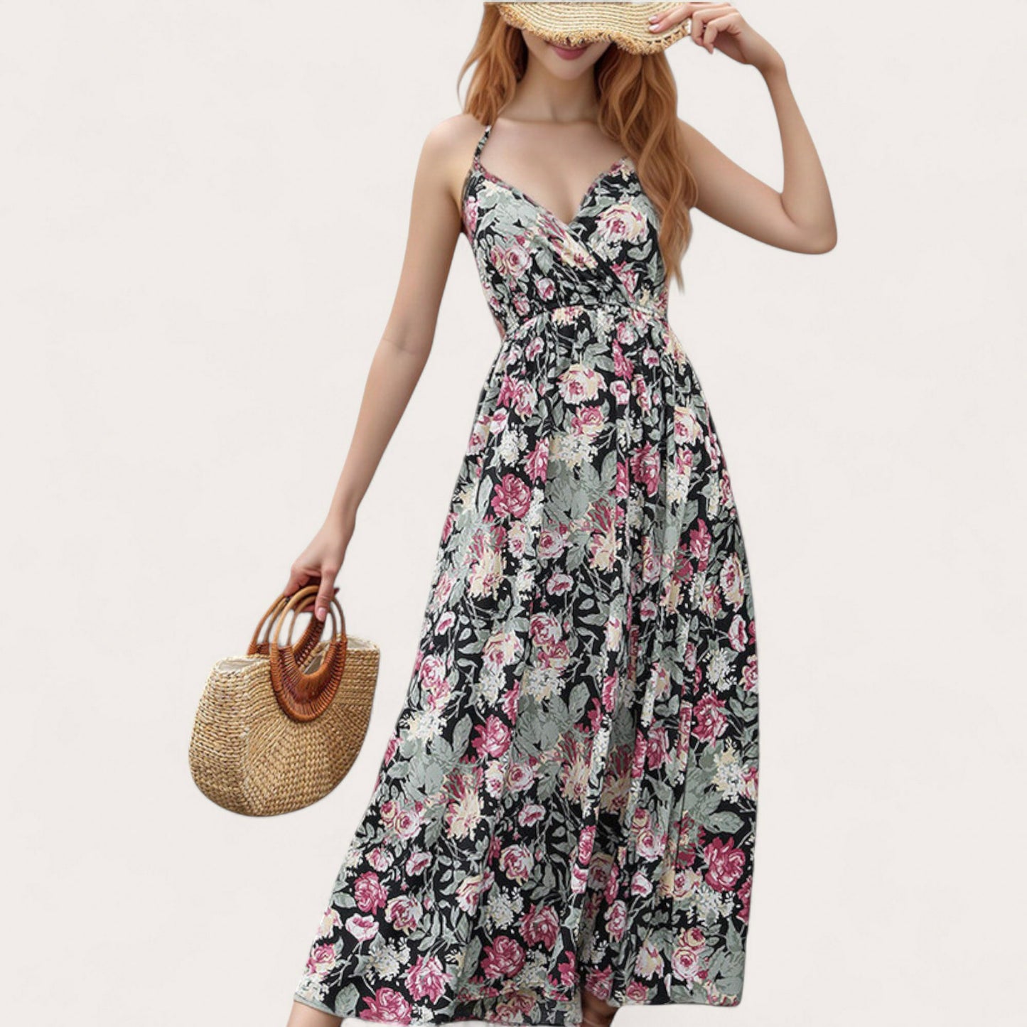 Anna-Kaci Women's Sleeveless Floral Print Maxi Dress with Adjustable Spaghetti Straps and V-Neckline