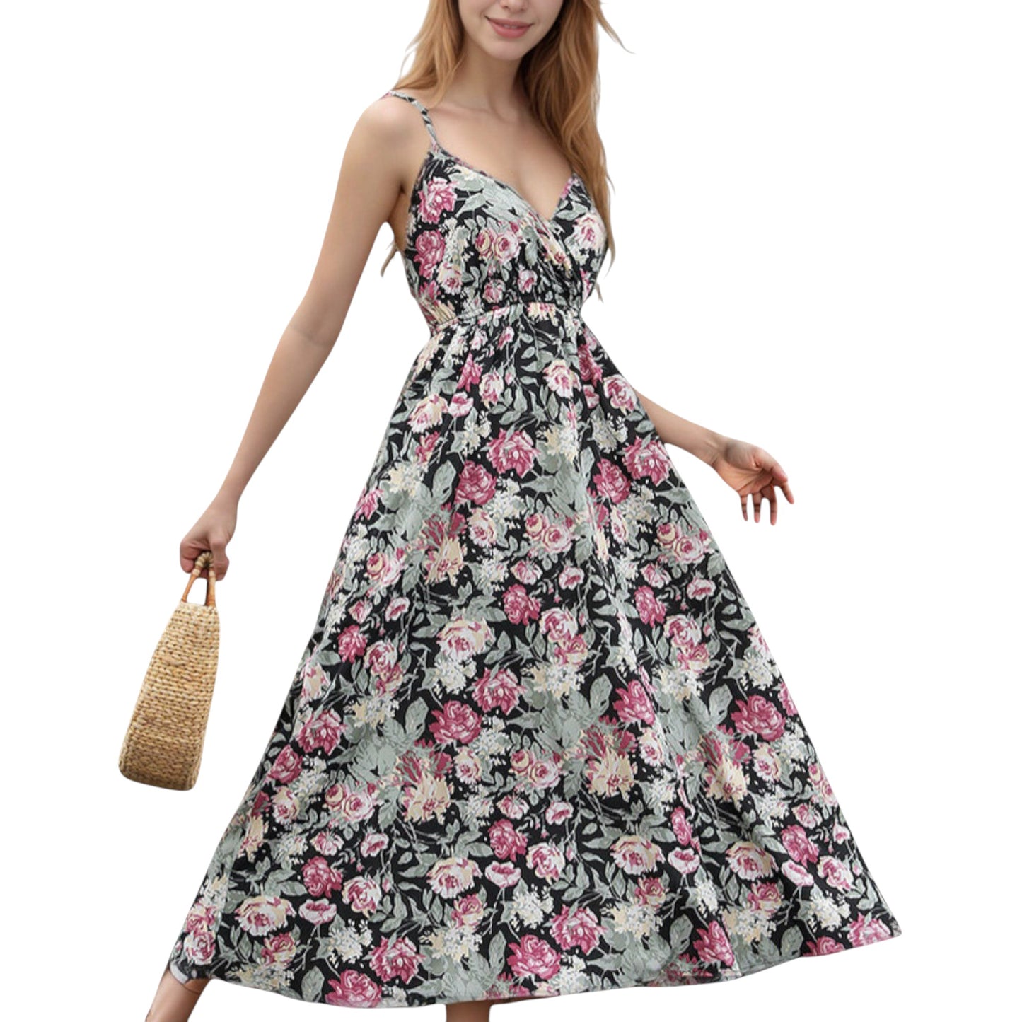 Anna-Kaci Women's Sleeveless Floral Print Maxi Dress with Adjustable Spaghetti Straps and V-Neckline