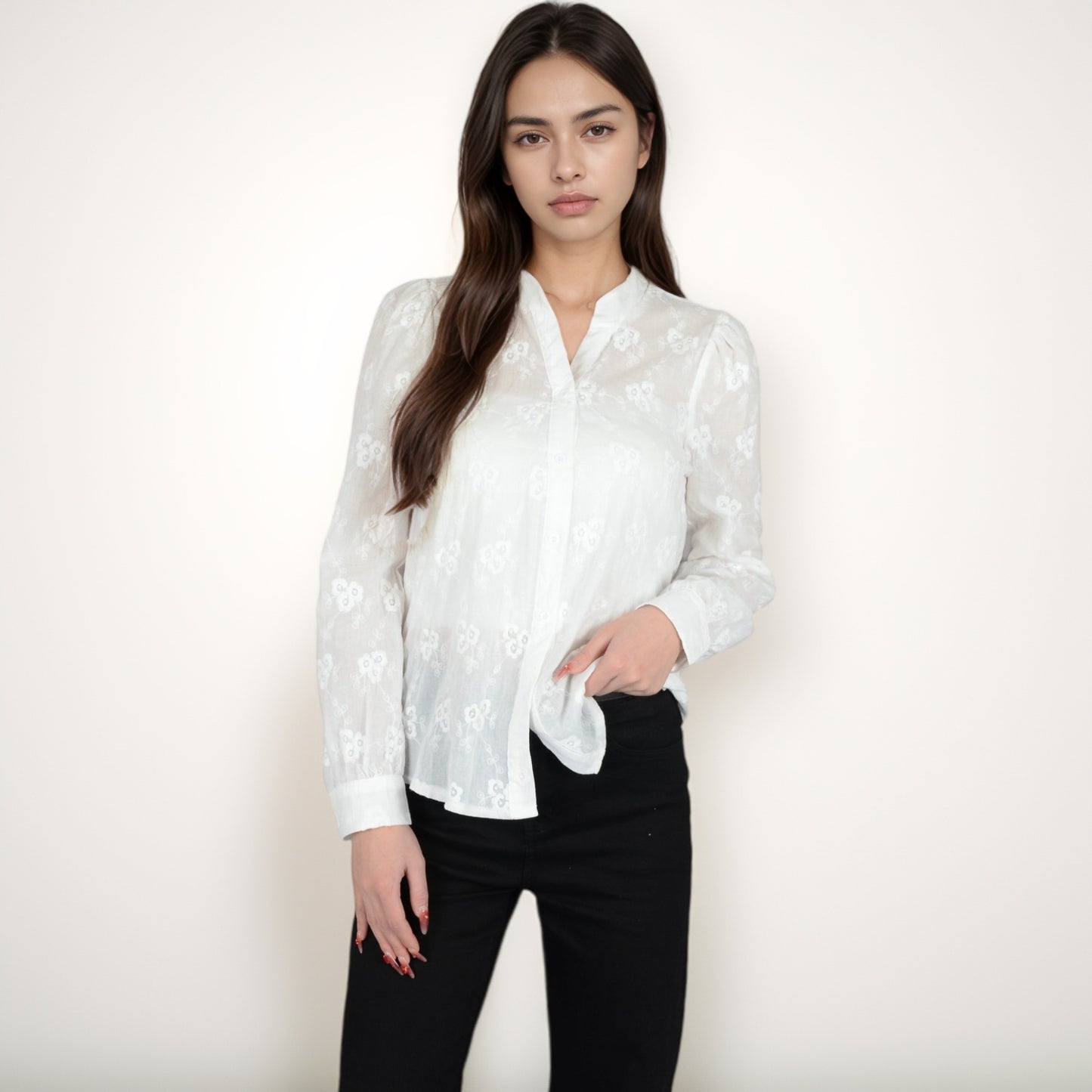 Anna-Kaci Women's Sheer Floral Long Sleeve Blouse with Mandarin Collar and Subtle Embroidered Detail