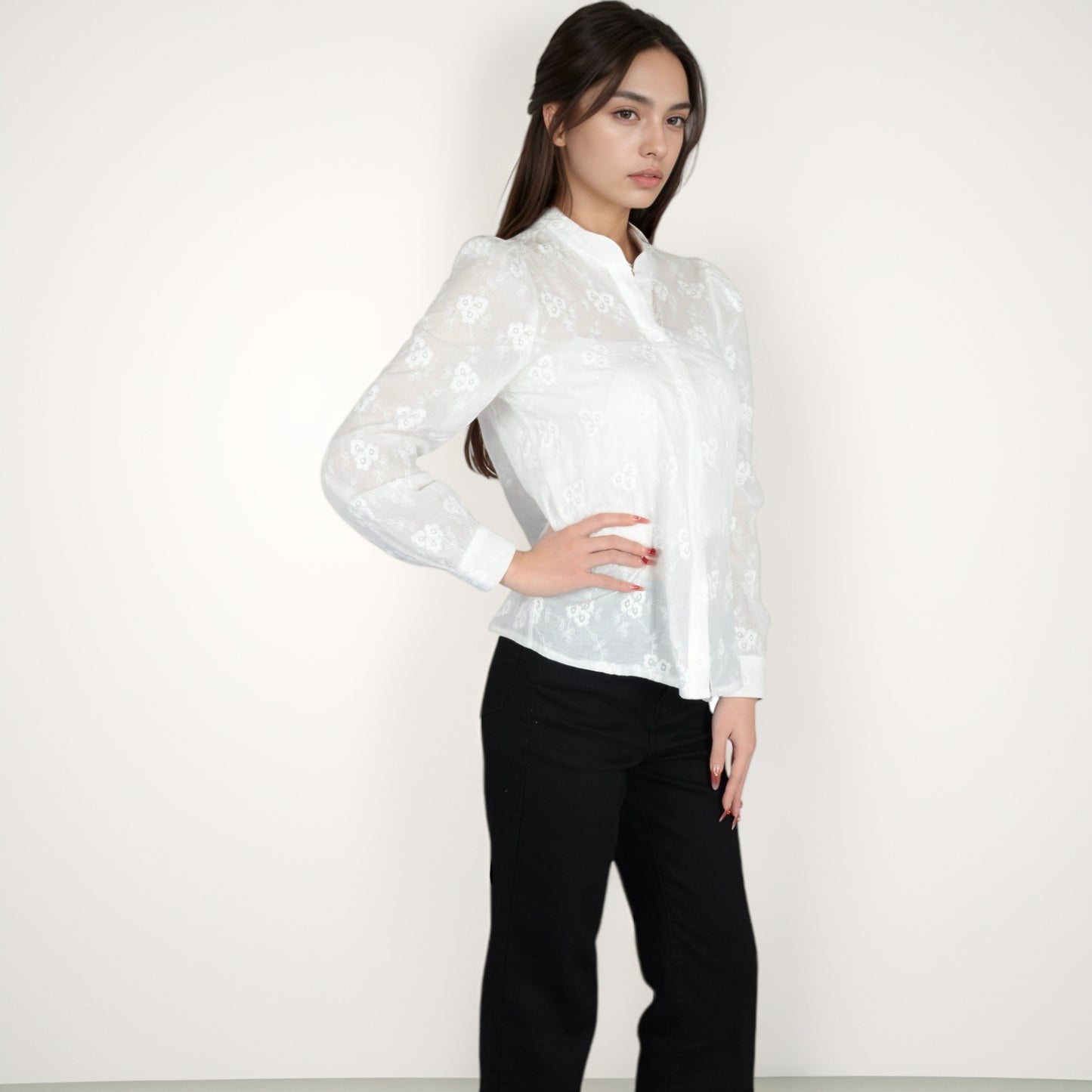 Anna-Kaci Women's Sheer Floral Long Sleeve Blouse with Mandarin Collar and Subtle Embroidered Detail