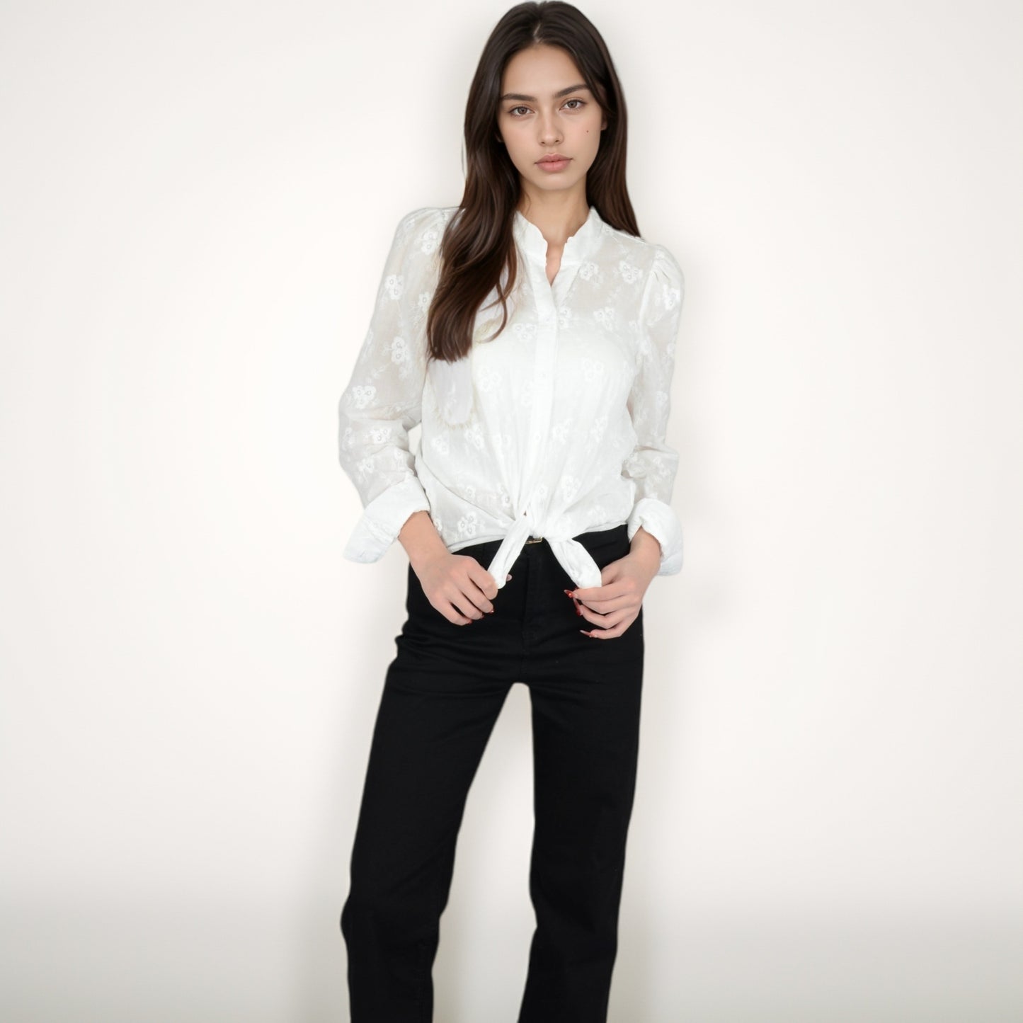 Anna-Kaci Women's Sheer Floral Long Sleeve Blouse with Mandarin Collar and Subtle Embroidered Detail