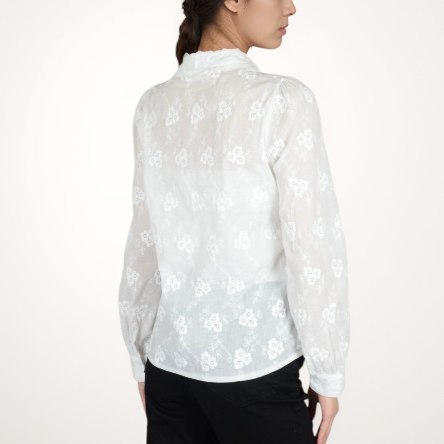 Anna-Kaci Women's Sheer Floral Long Sleeve Blouse with Mandarin Collar and Subtle Embroidered Detail