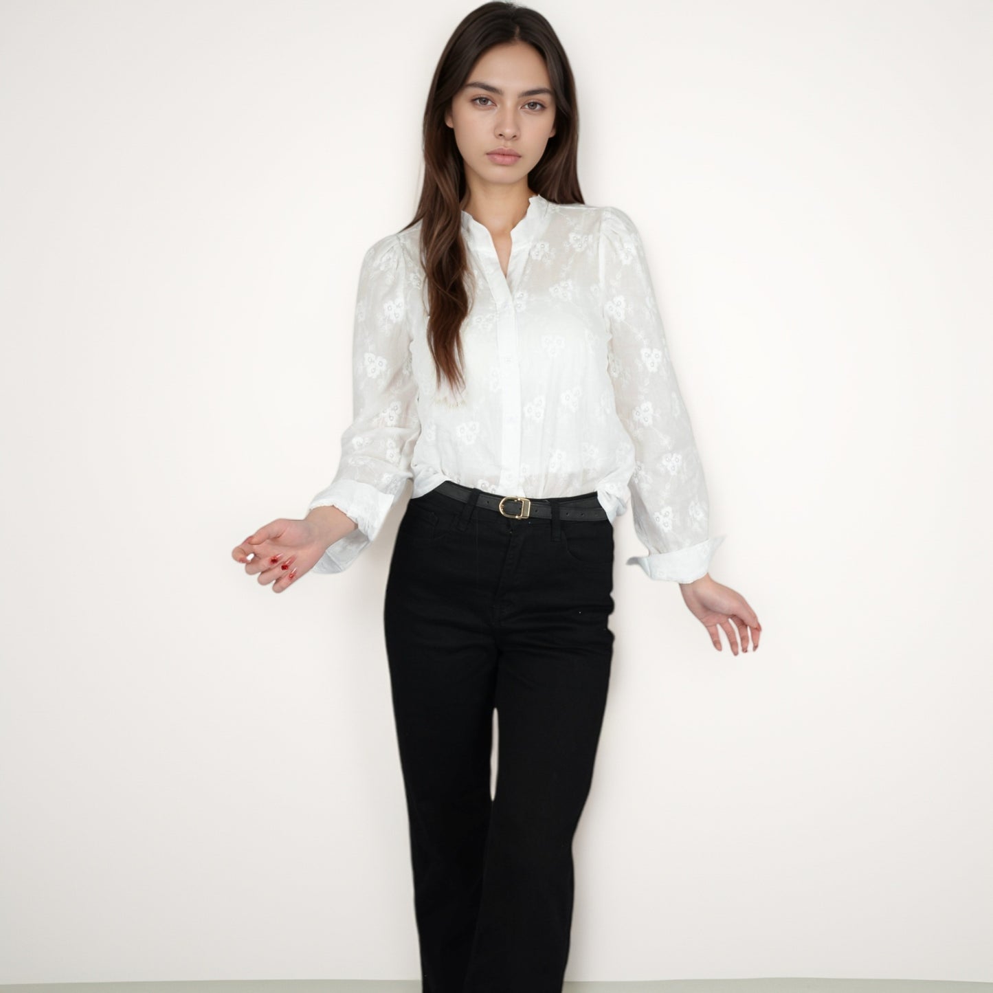 Anna-Kaci Women's Sheer Floral Long Sleeve Blouse with Mandarin Collar and Subtle Embroidered Detail