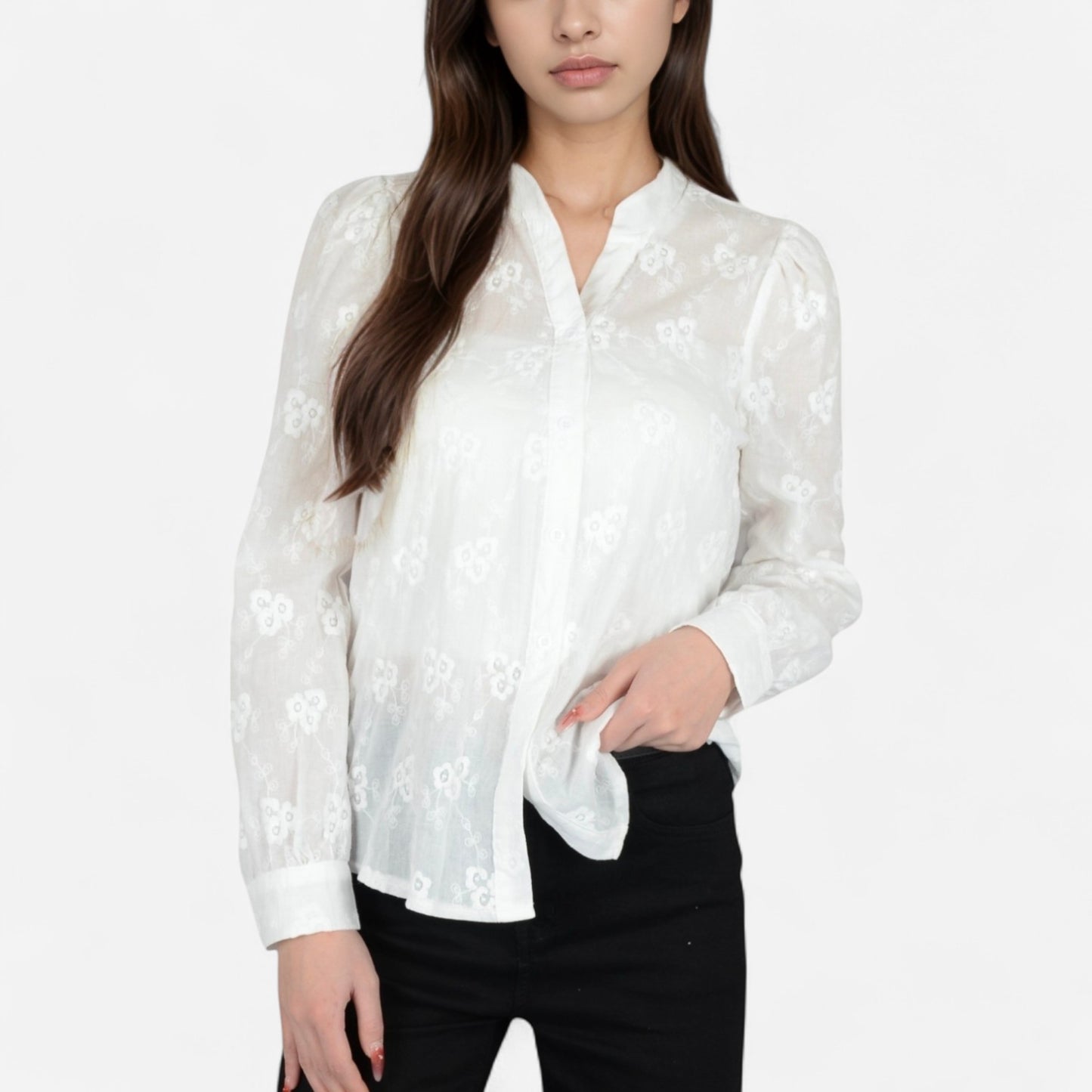 Anna-Kaci Women's Sheer Floral Long Sleeve Blouse with Mandarin Collar and Subtle Embroidered Detail