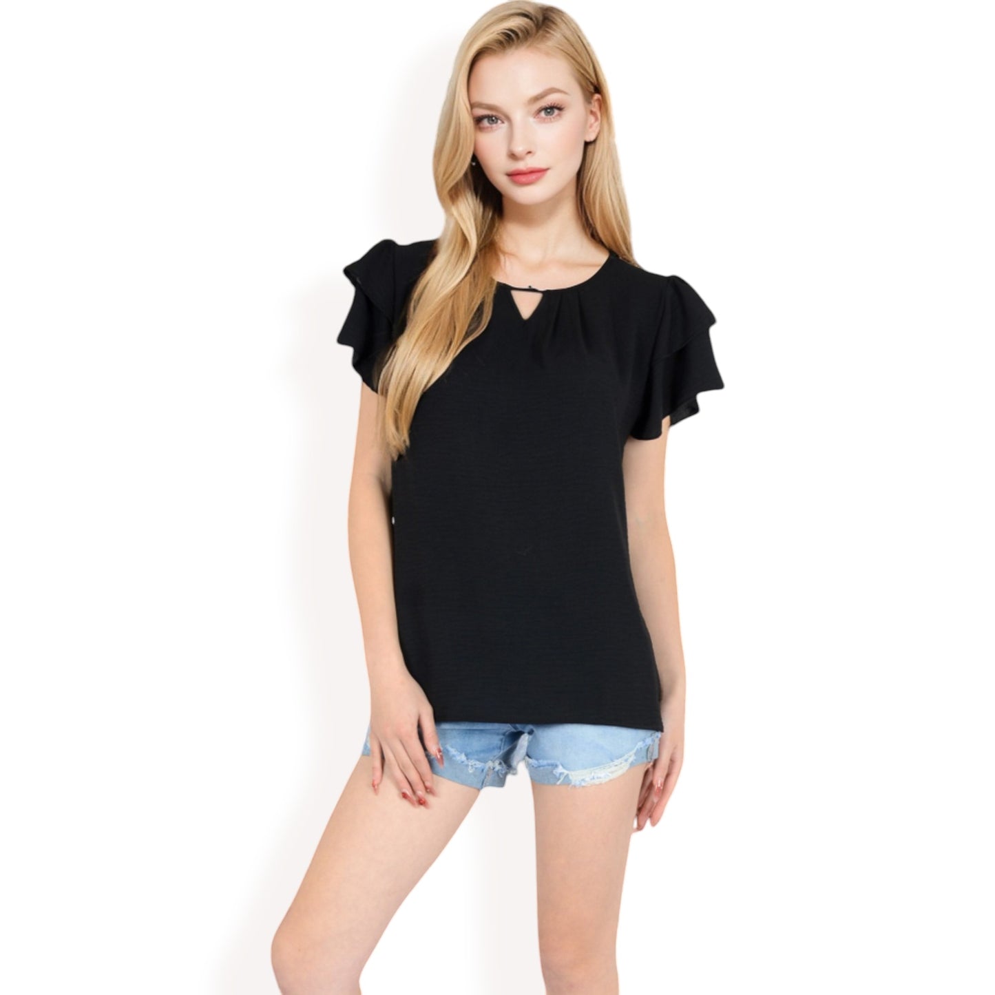 Anna-Kaci Women's Flutter Sleeve Top with Keyhole Neckline and Lightweight Textured Fabric