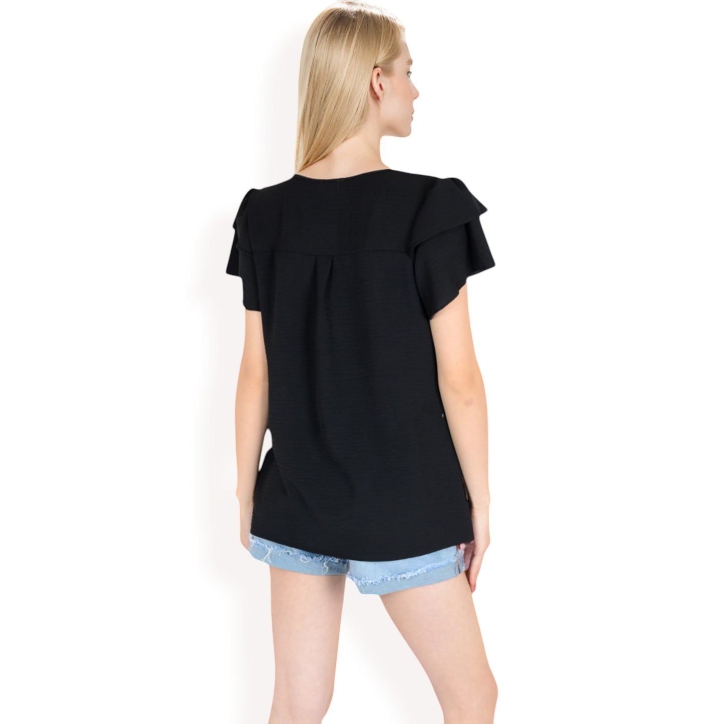 Anna-Kaci Women's Flutter Sleeve Top with Keyhole Neckline and Lightweight Textured Fabric