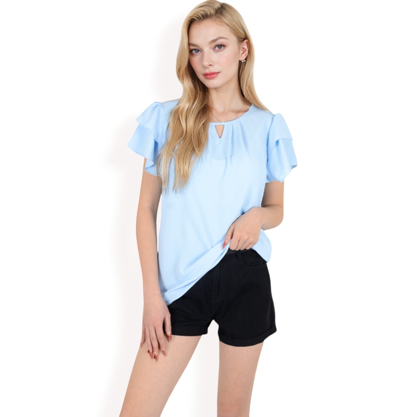Anna-Kaci Women's Flutter Sleeve Top with Keyhole Neckline and Lightweight Textured Fabric