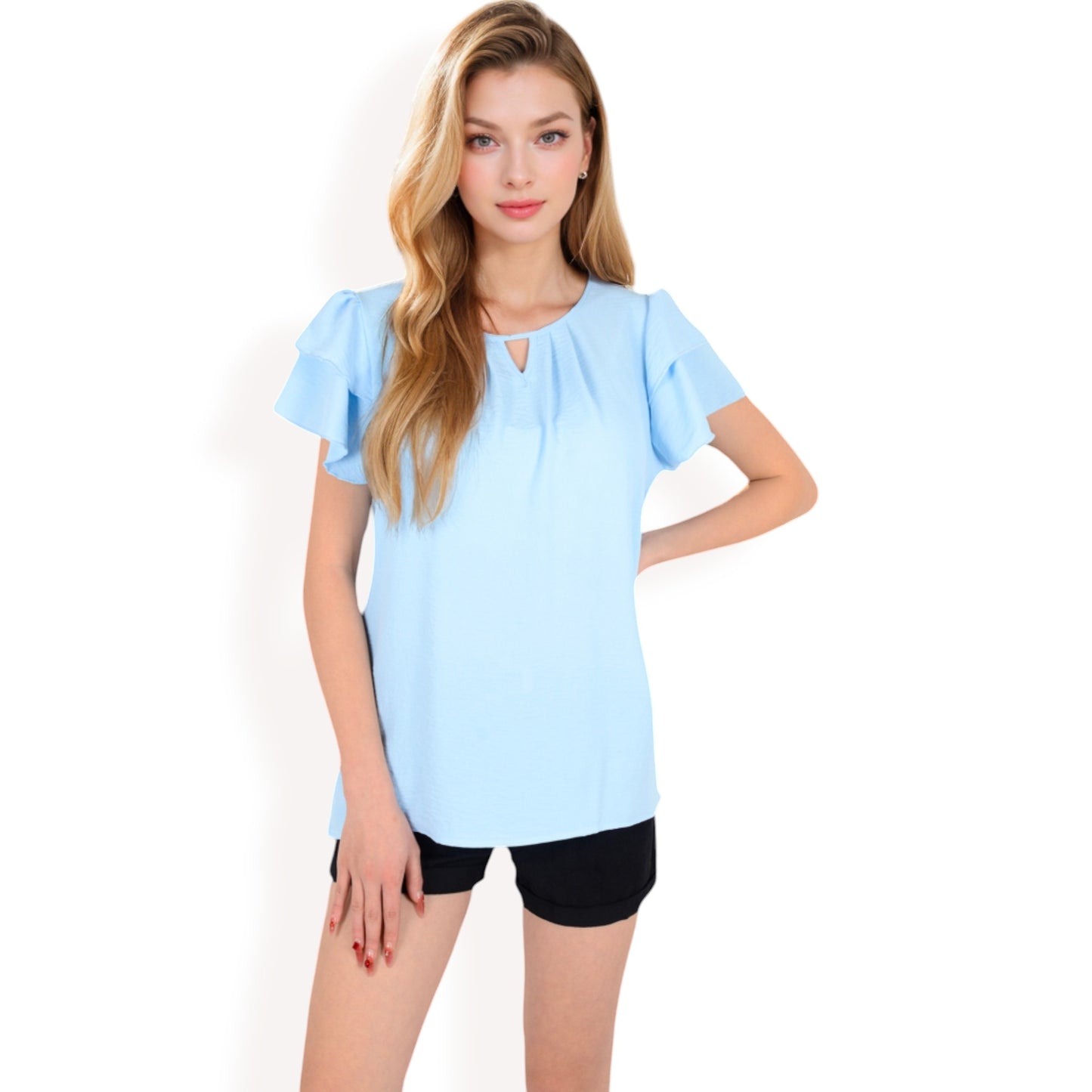 Anna-Kaci Women's Flutter Sleeve Top with Keyhole Neckline and Lightweight Textured Fabric