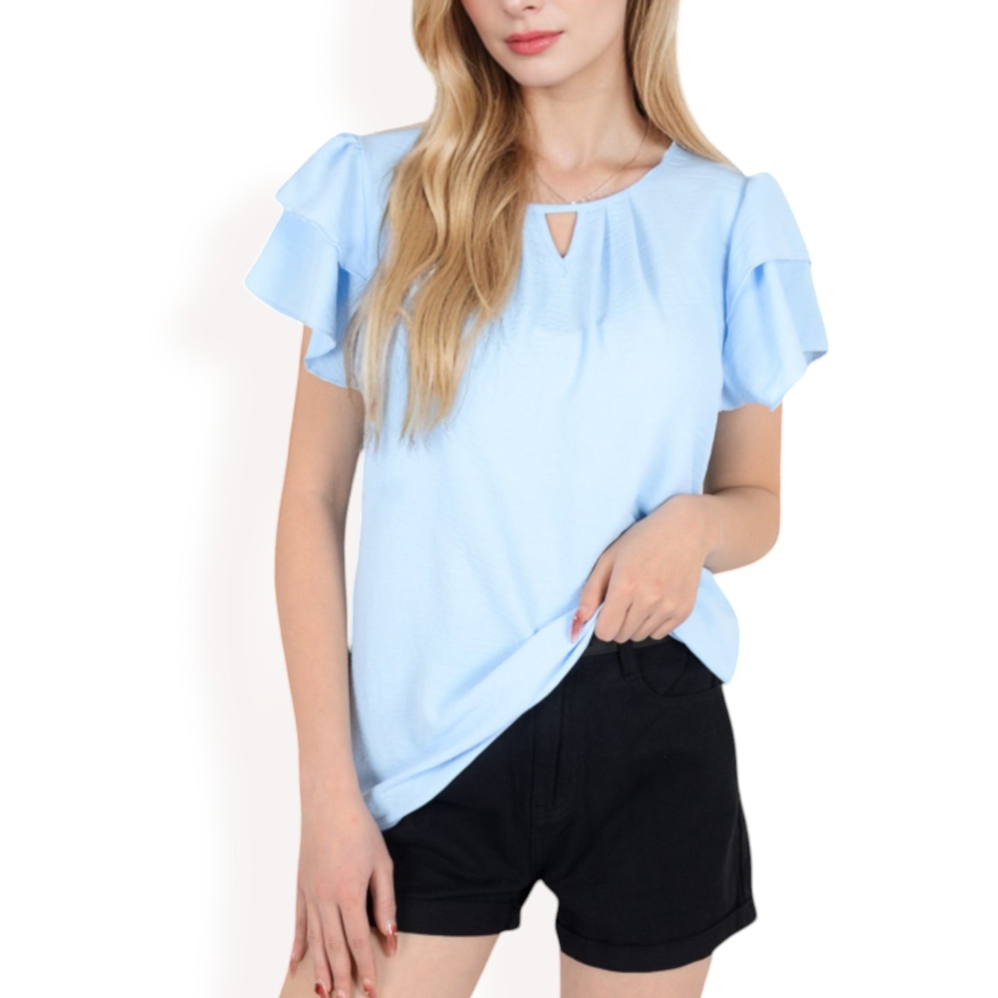 Anna-Kaci Women's Flutter Sleeve Top with Keyhole Neckline and Lightweight Textured Fabric