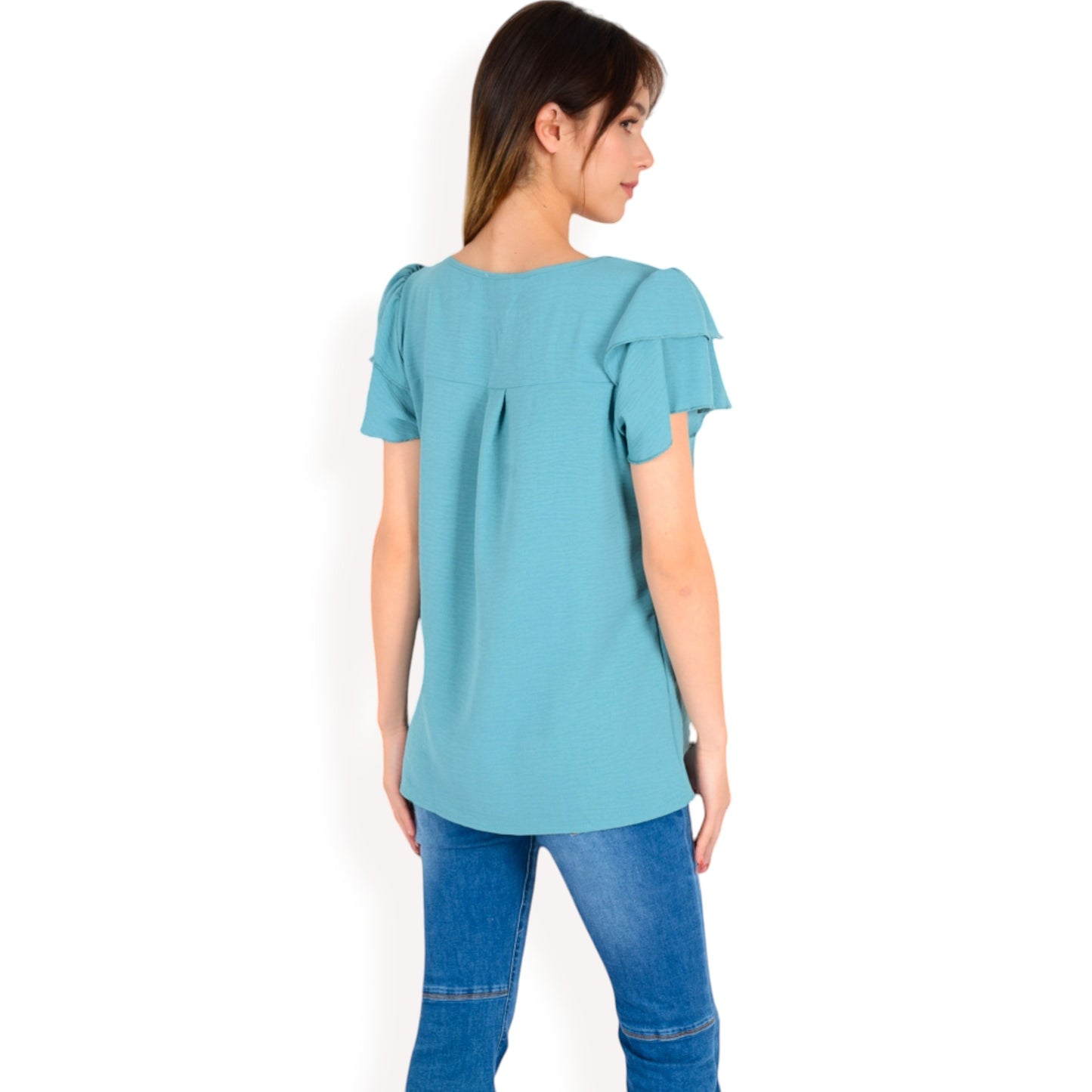 Anna-Kaci Women's Flutter Sleeve Top with Keyhole Neckline and Lightweight Textured Fabric