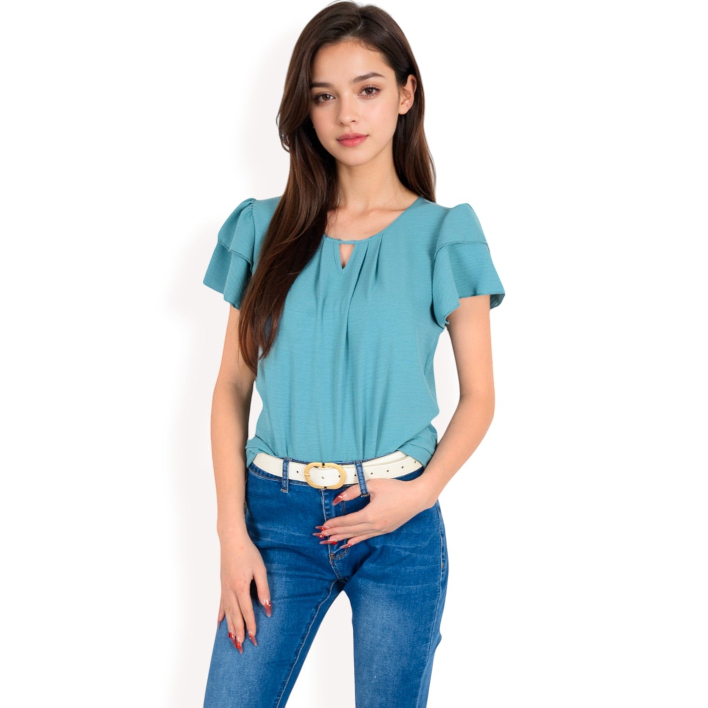 Anna-Kaci Women's Flutter Sleeve Top with Keyhole Neckline and Lightweight Textured Fabric