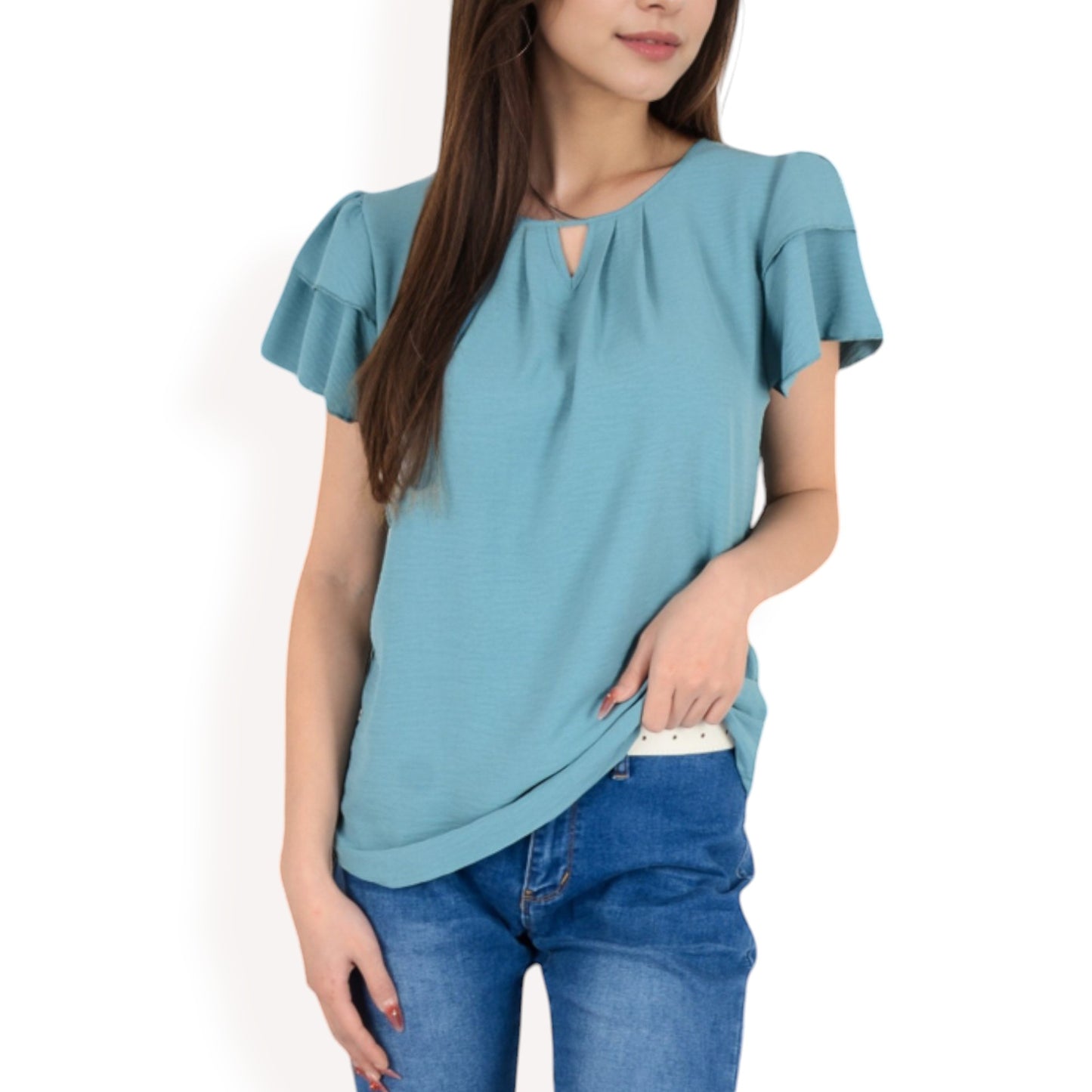 Anna-Kaci Women's Flutter Sleeve Top with Keyhole Neckline and Lightweight Textured Fabric