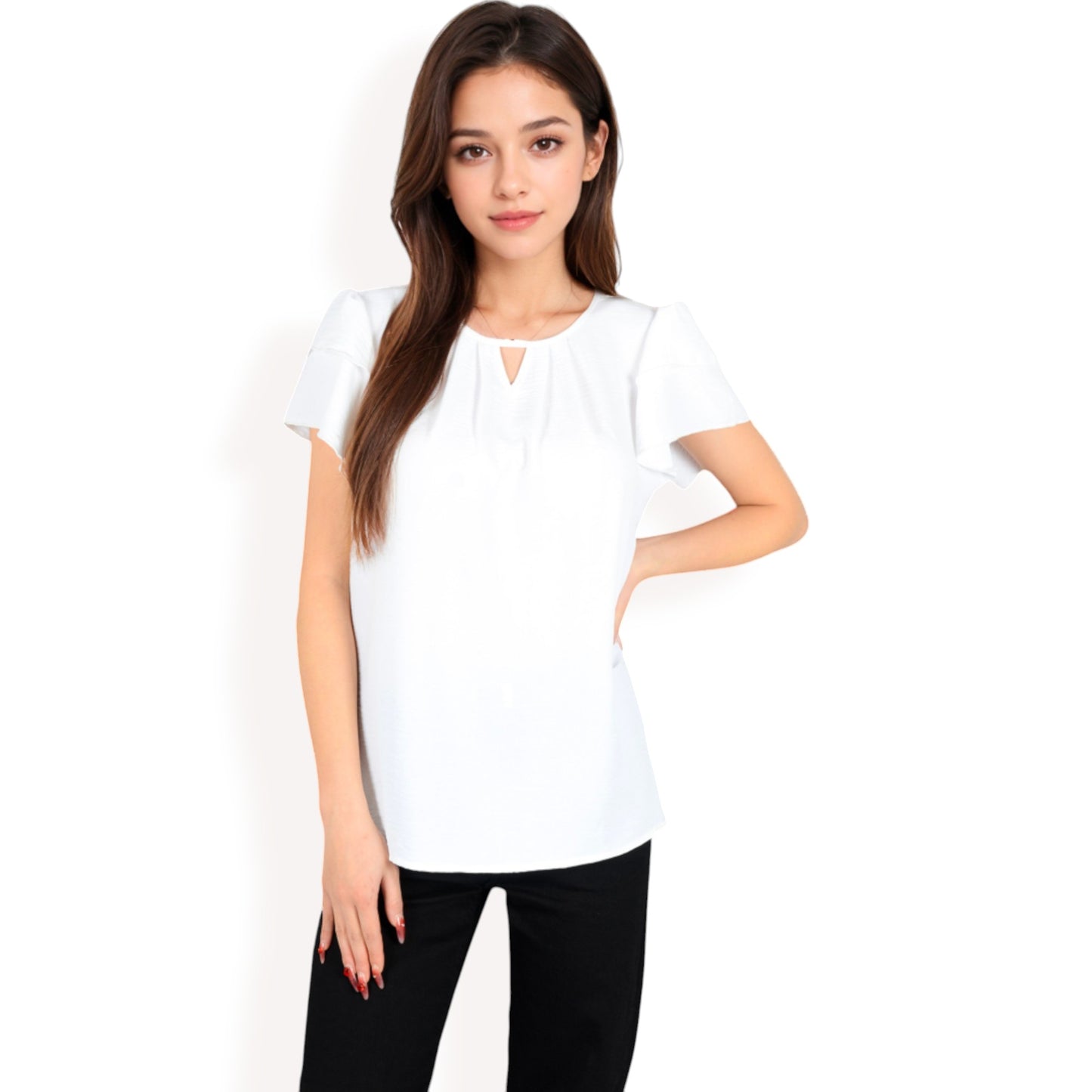 Anna-Kaci Women's Flutter Sleeve Top with Keyhole Neckline and Lightweight Textured Fabric
