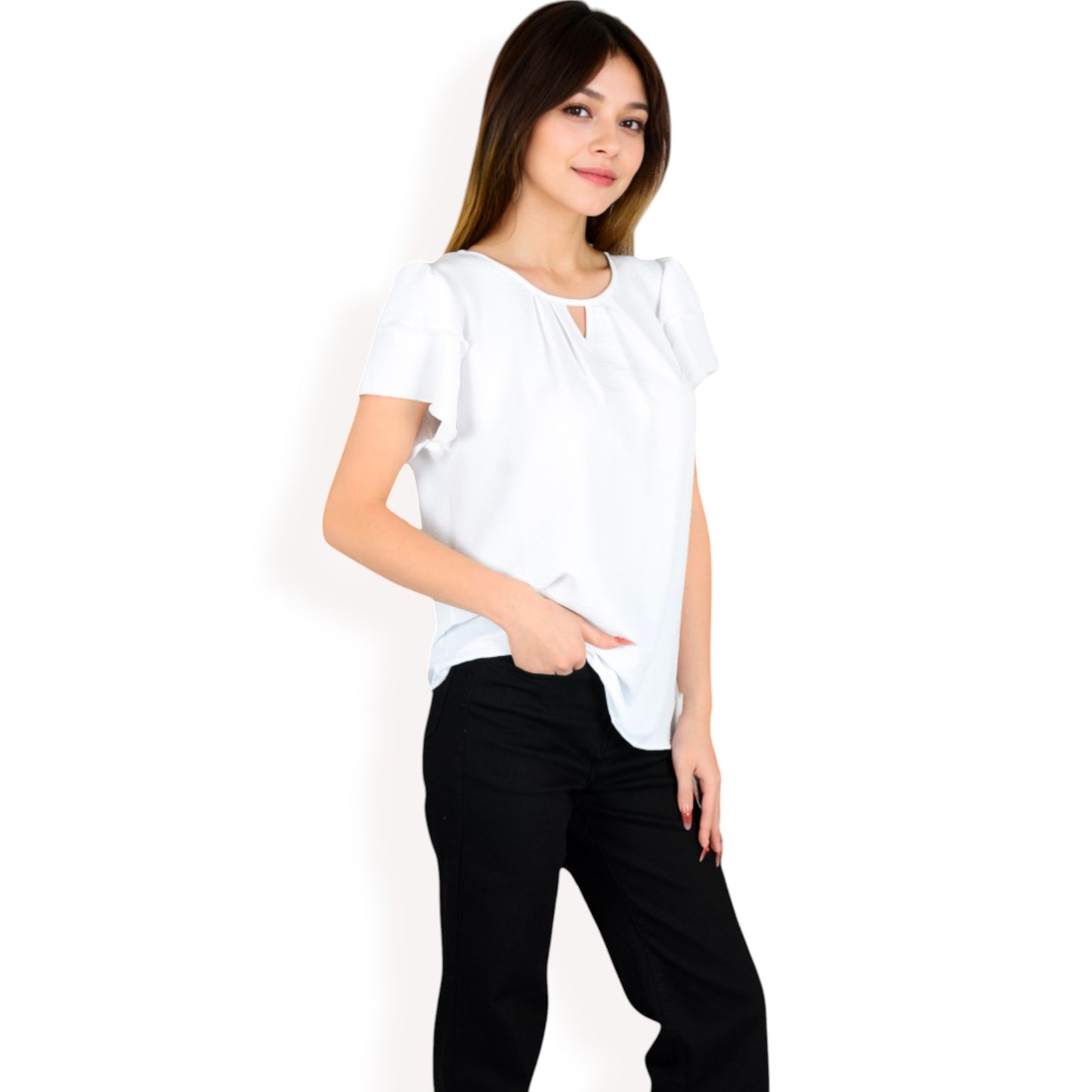 Anna-Kaci Women's Flutter Sleeve Top with Keyhole Neckline and Lightweight Textured Fabric