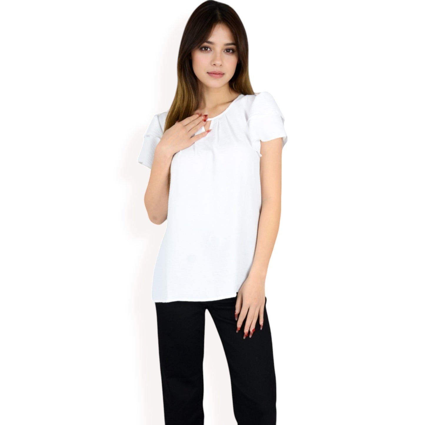 Anna-Kaci Women's Flutter Sleeve Top with Keyhole Neckline and Lightweight Textured Fabric